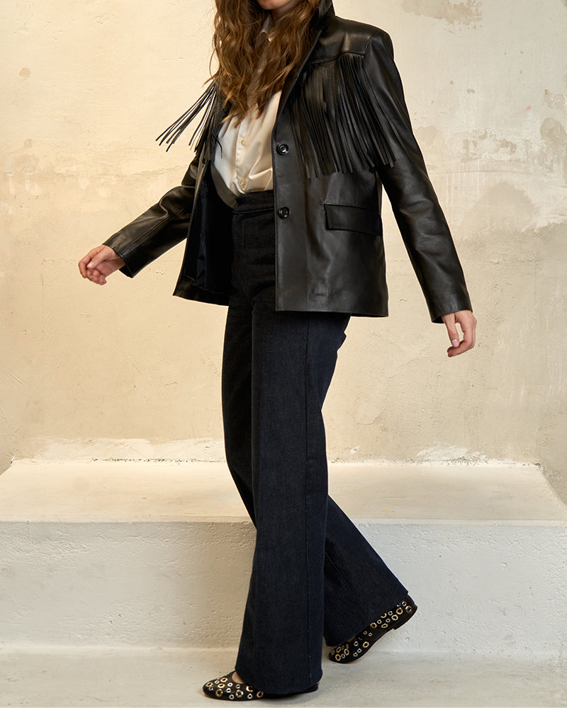 BLACK FRINGED NAPPA LEATHER BLAZER