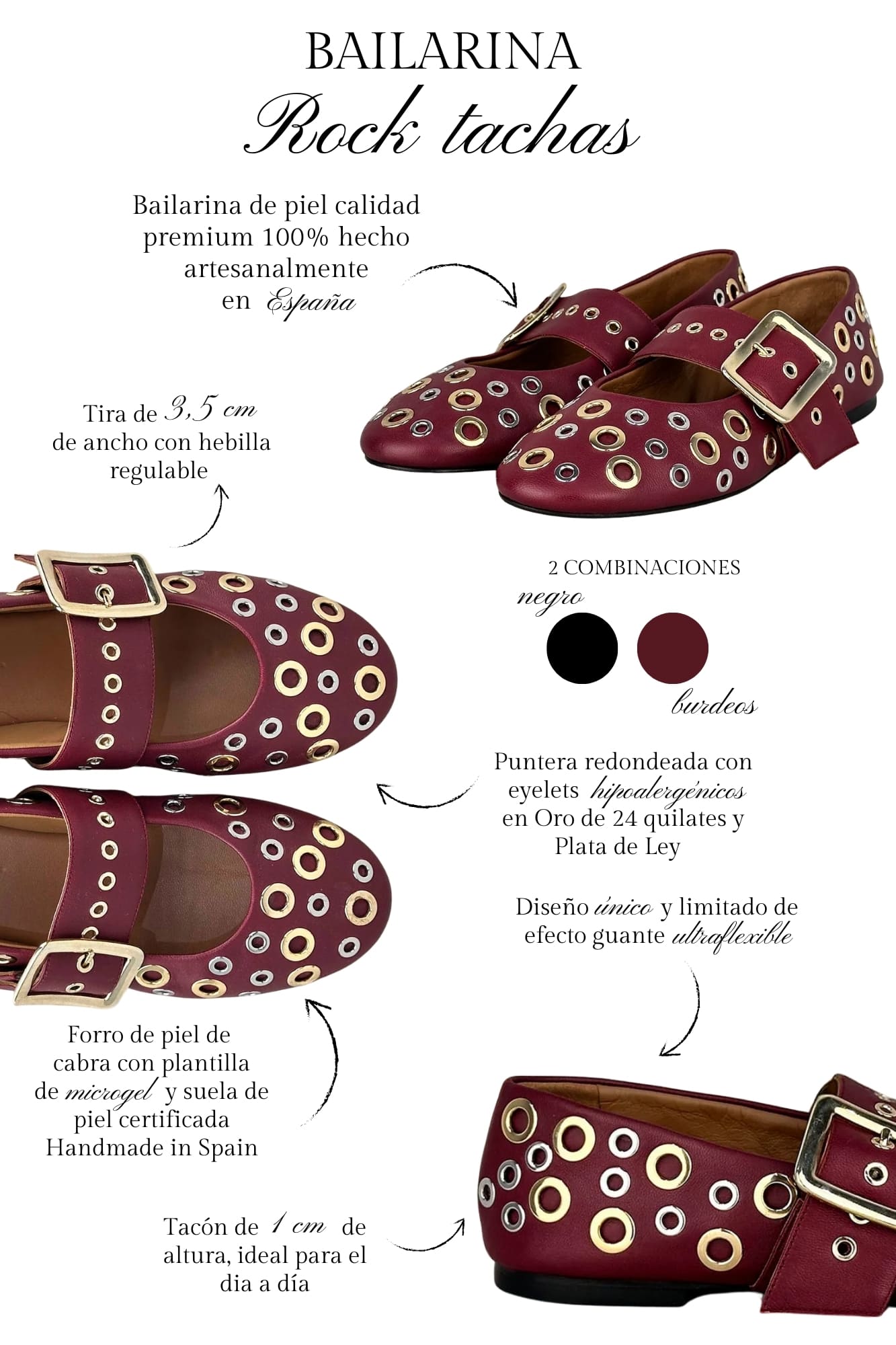 ROCK BALLERINA WITH BURGUNDY STUDS 1CM