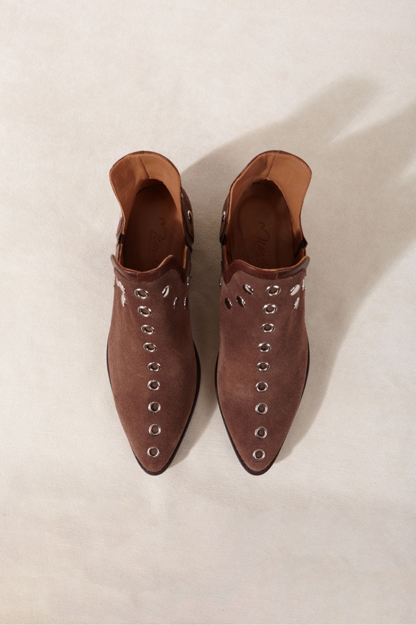 Chocolate suede leather ankle boot with metallic studs
