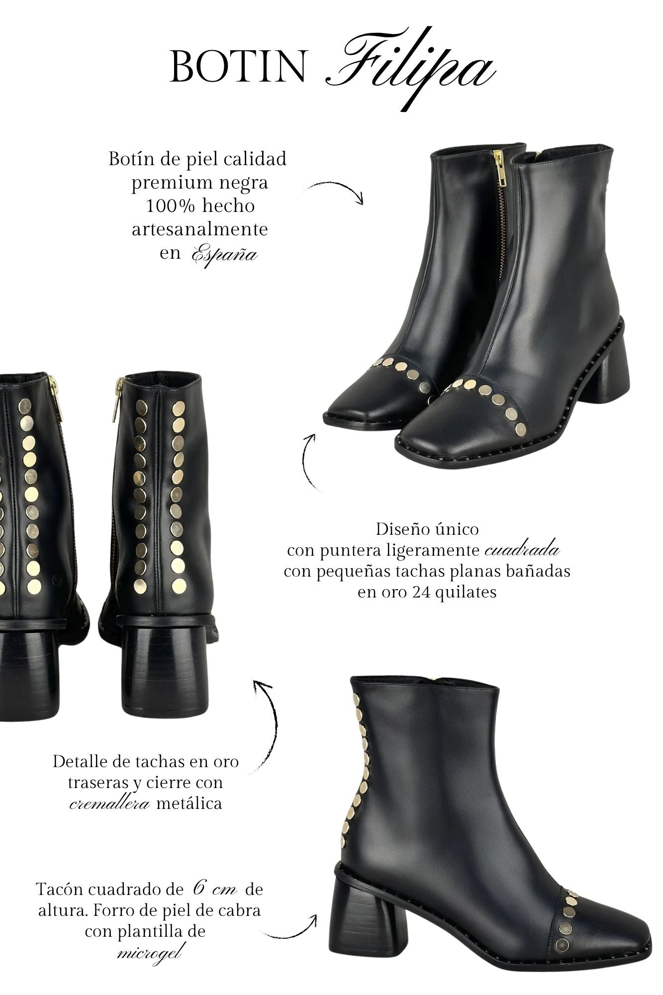 BOTIN FILIPA TACHAS NEGRO 6CM