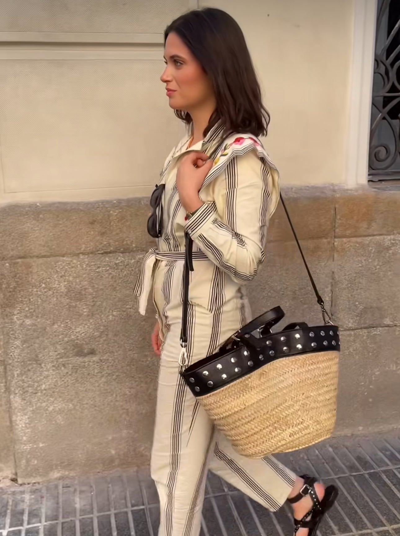 Black palm basket with studs