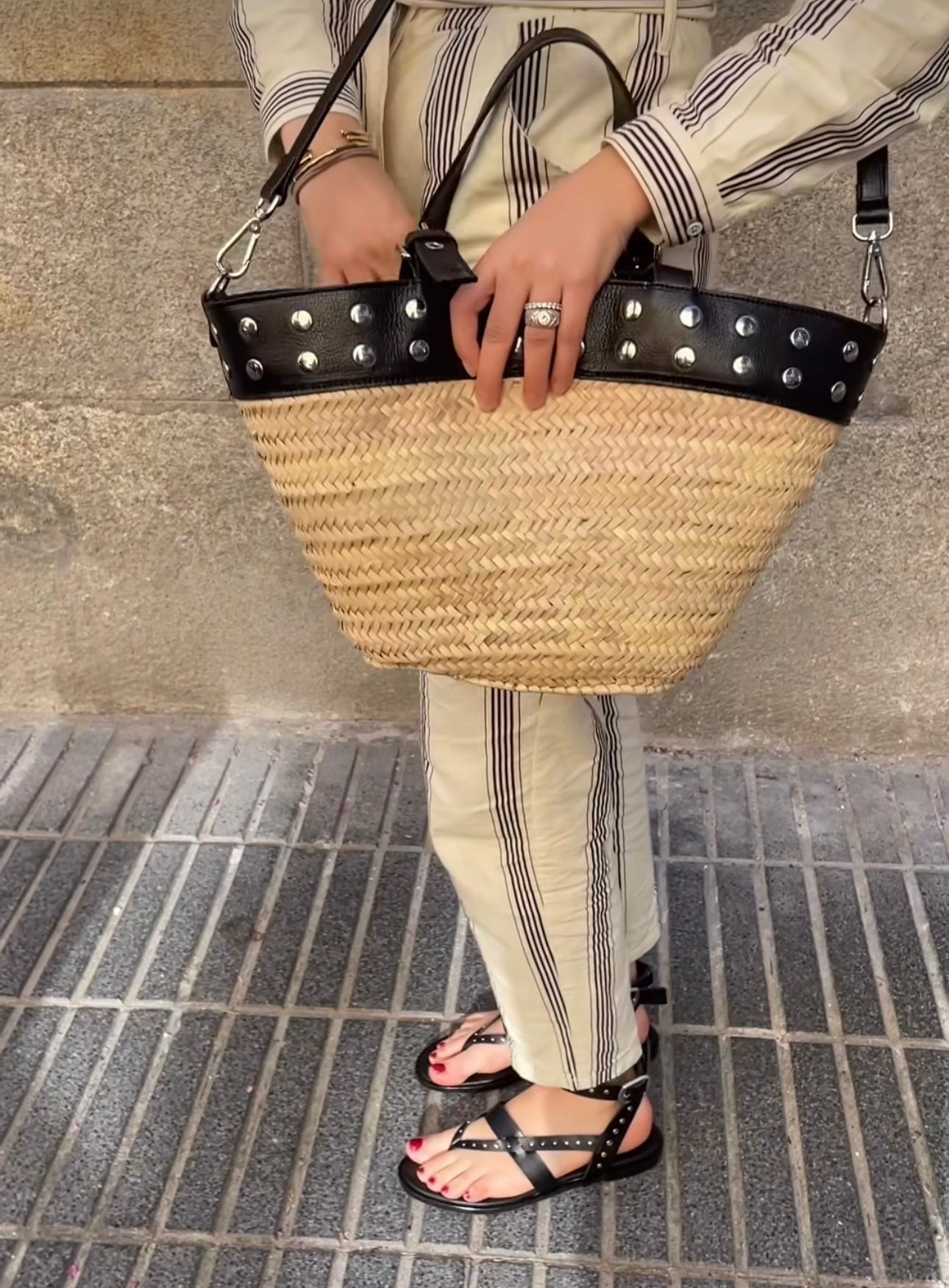 Black palm basket with studs