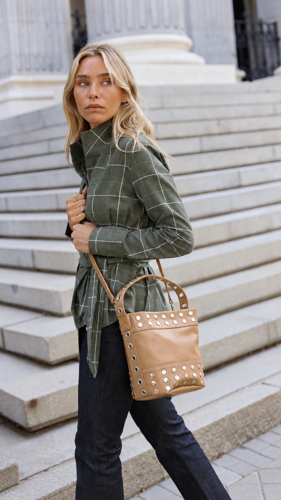 LATTE STUDDED MINI BUCKET BAG