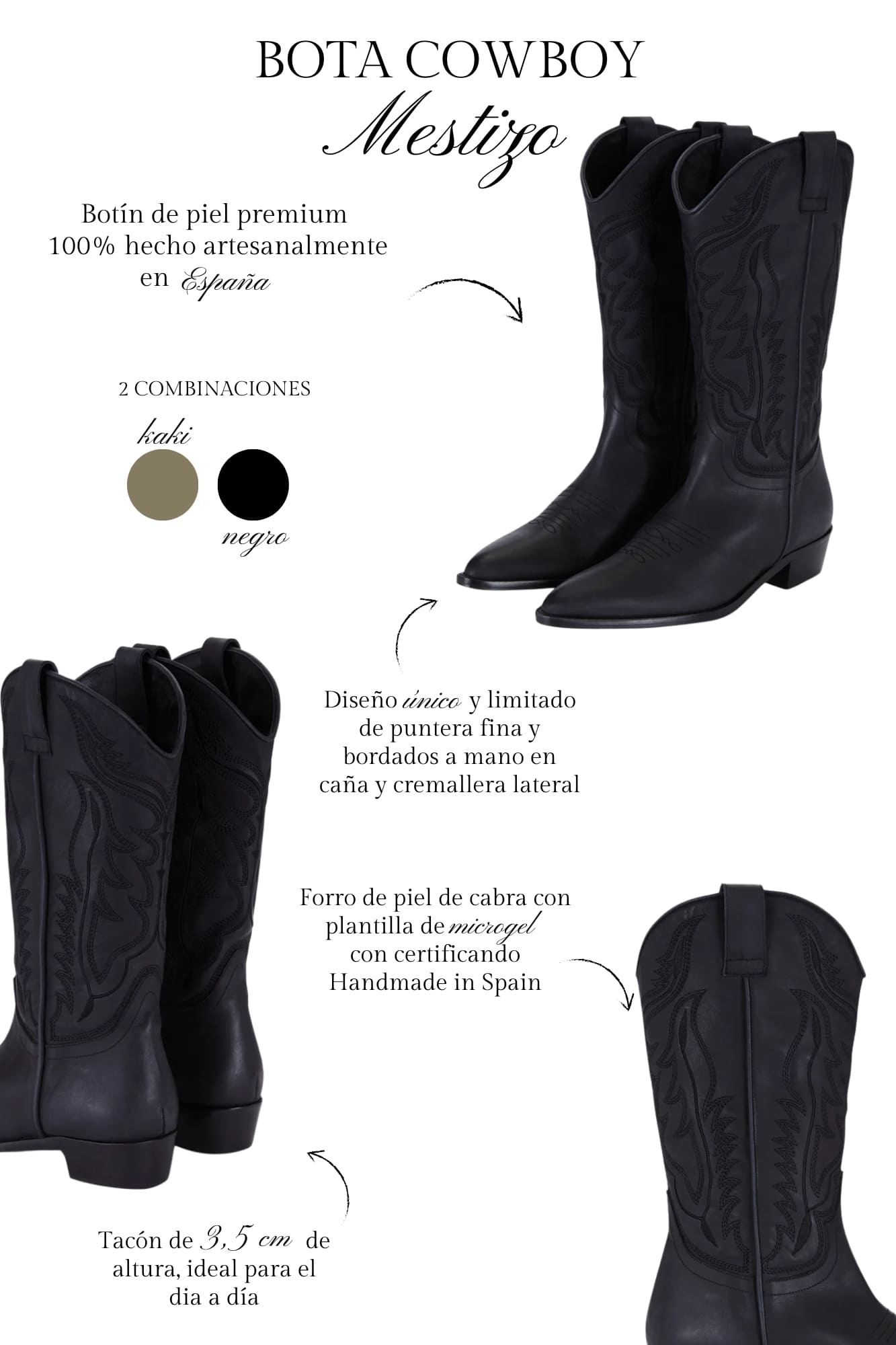 MESTIZO BOOTS NEGRAS HILO NEGRO 3.5CM