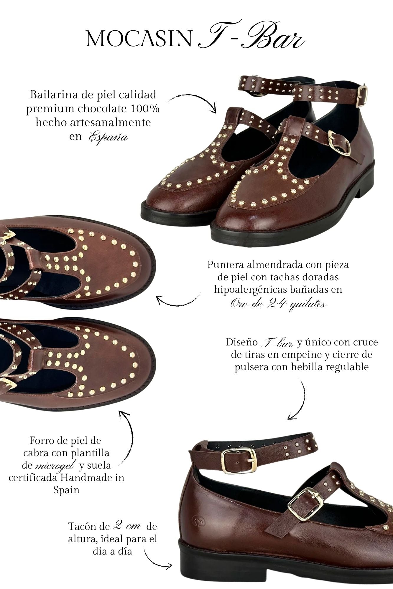 MOCASIN T-BAR TACHAS CHOCOLATE 2CM