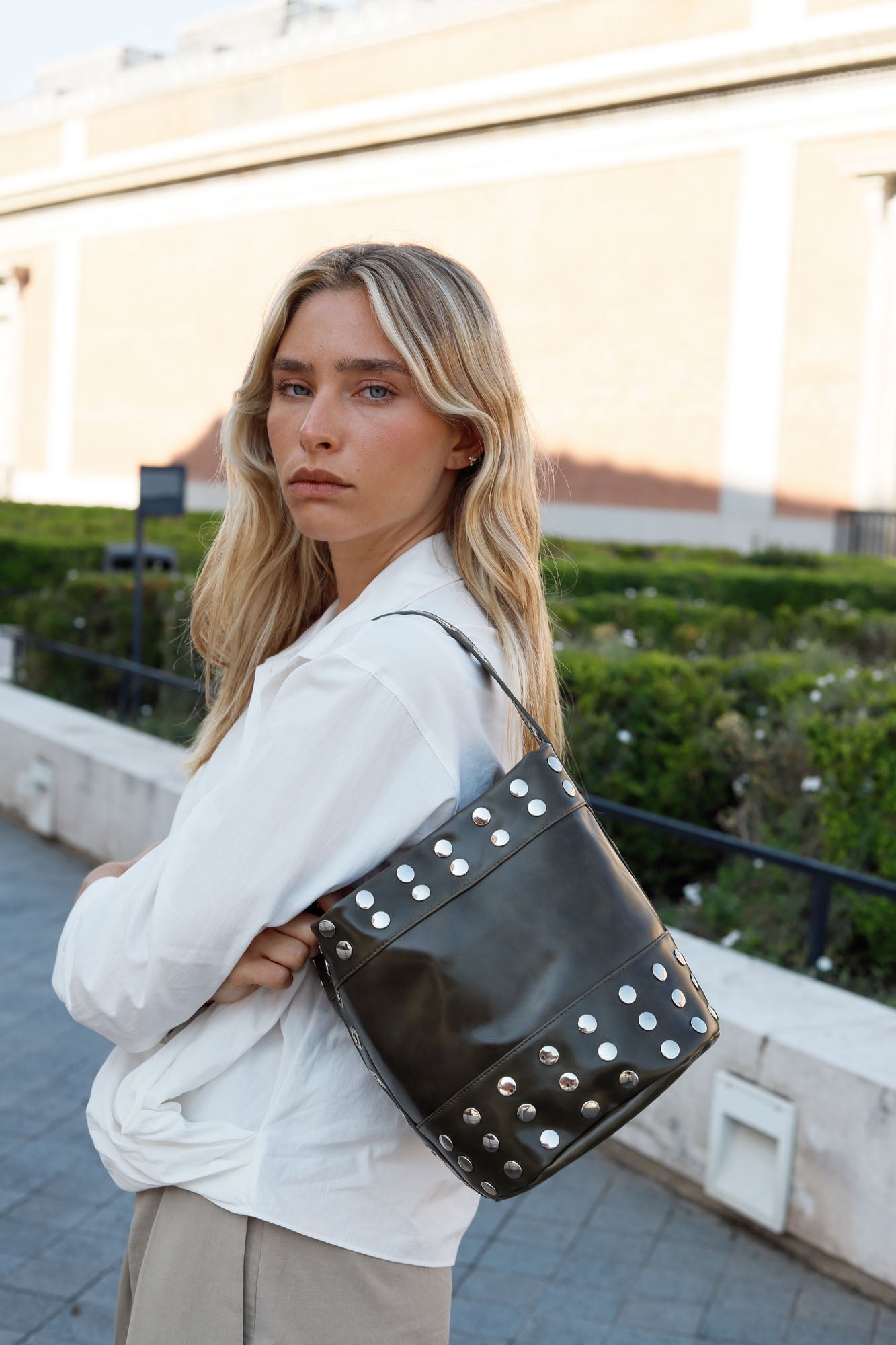 KHAKI STUDDED MINI BUCKET BAG