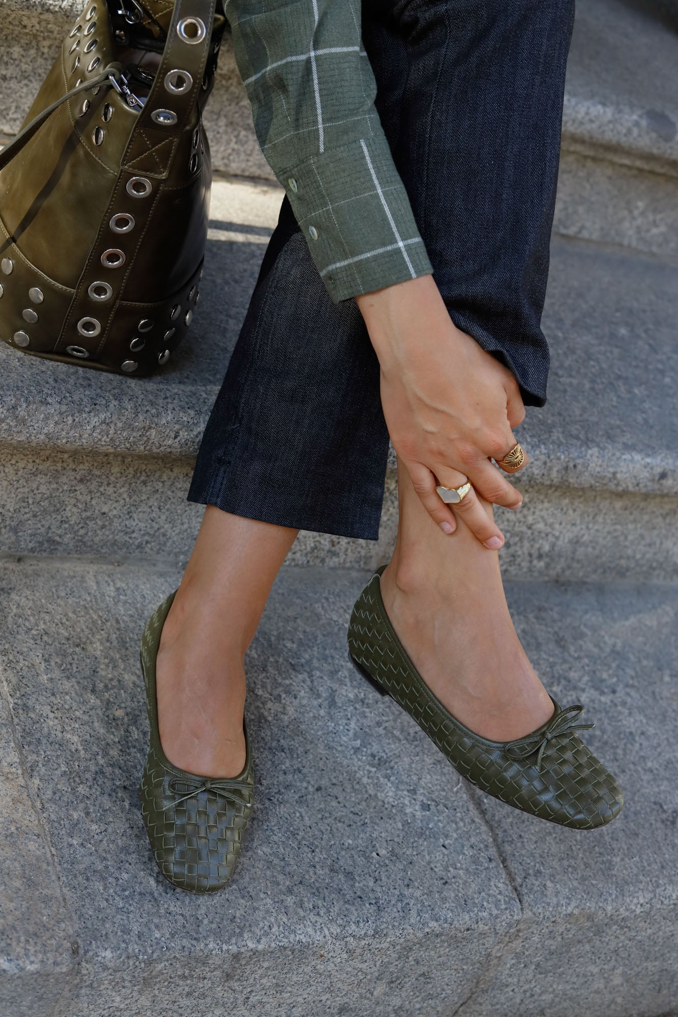 Ballerines mocarina tressées kaki 1 cm