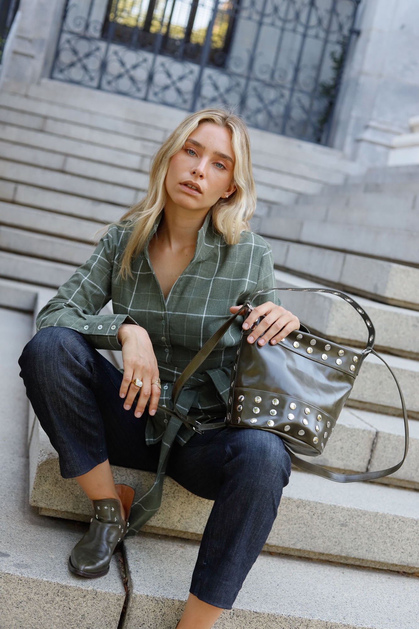 KHAKI STUDDED MINI BUCKET BAG