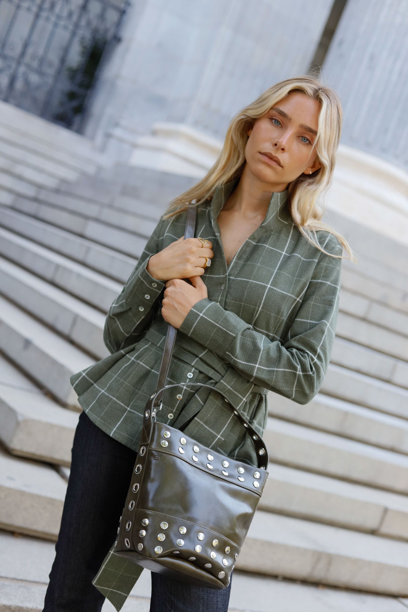 KHAKI STUDDED MINI BUCKET BAG