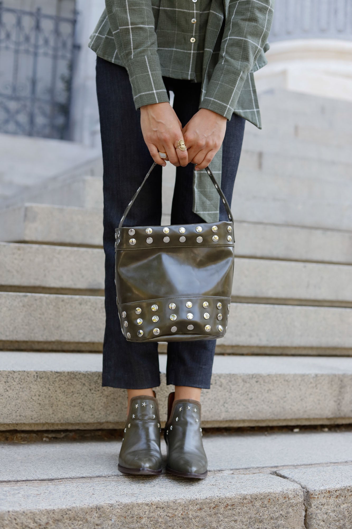 KHAKI STUDDED MINI BUCKET BAG