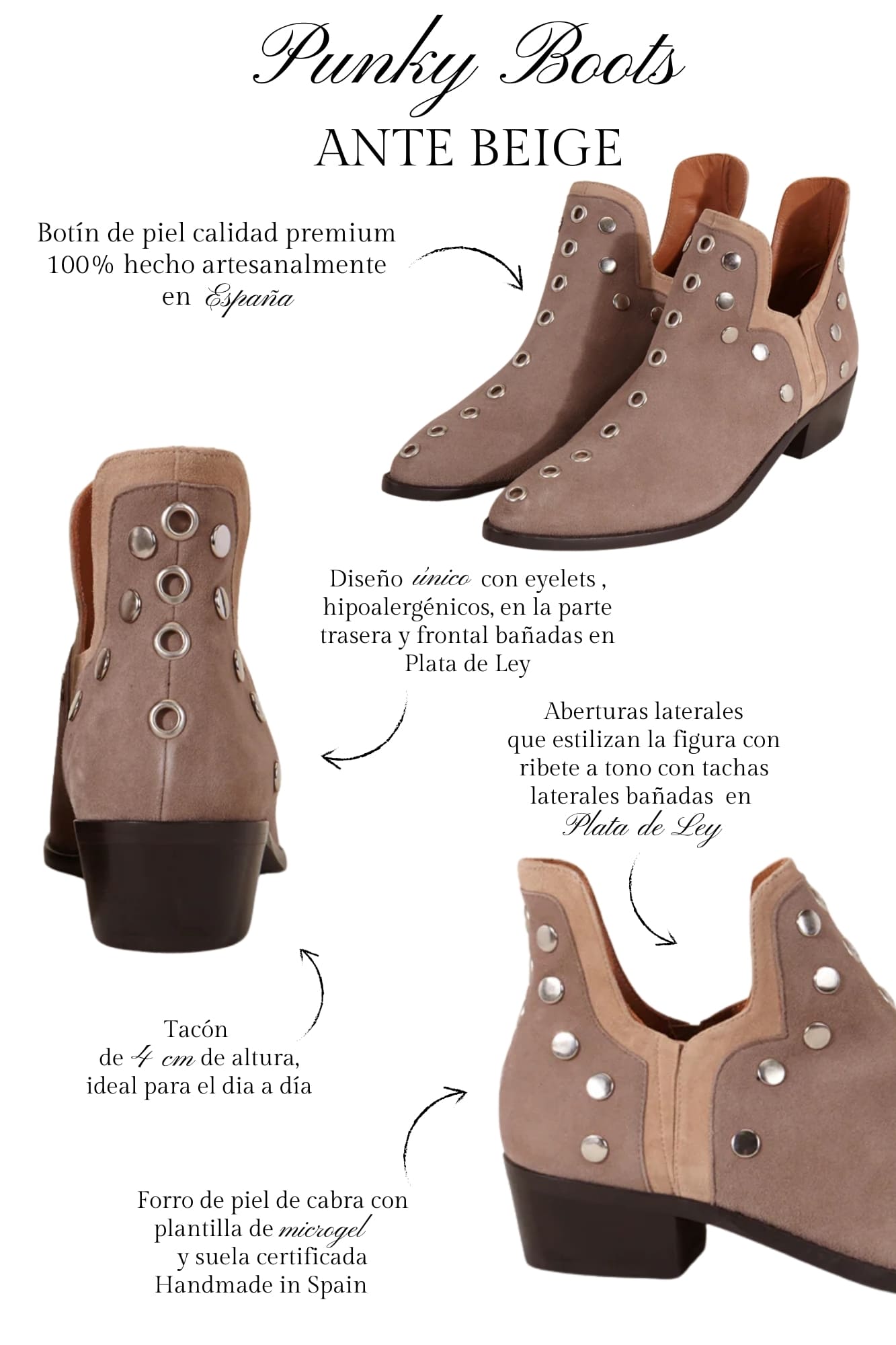 PUNKY BOOTS ANTE BEIGE TACHAS PLATA 4CM