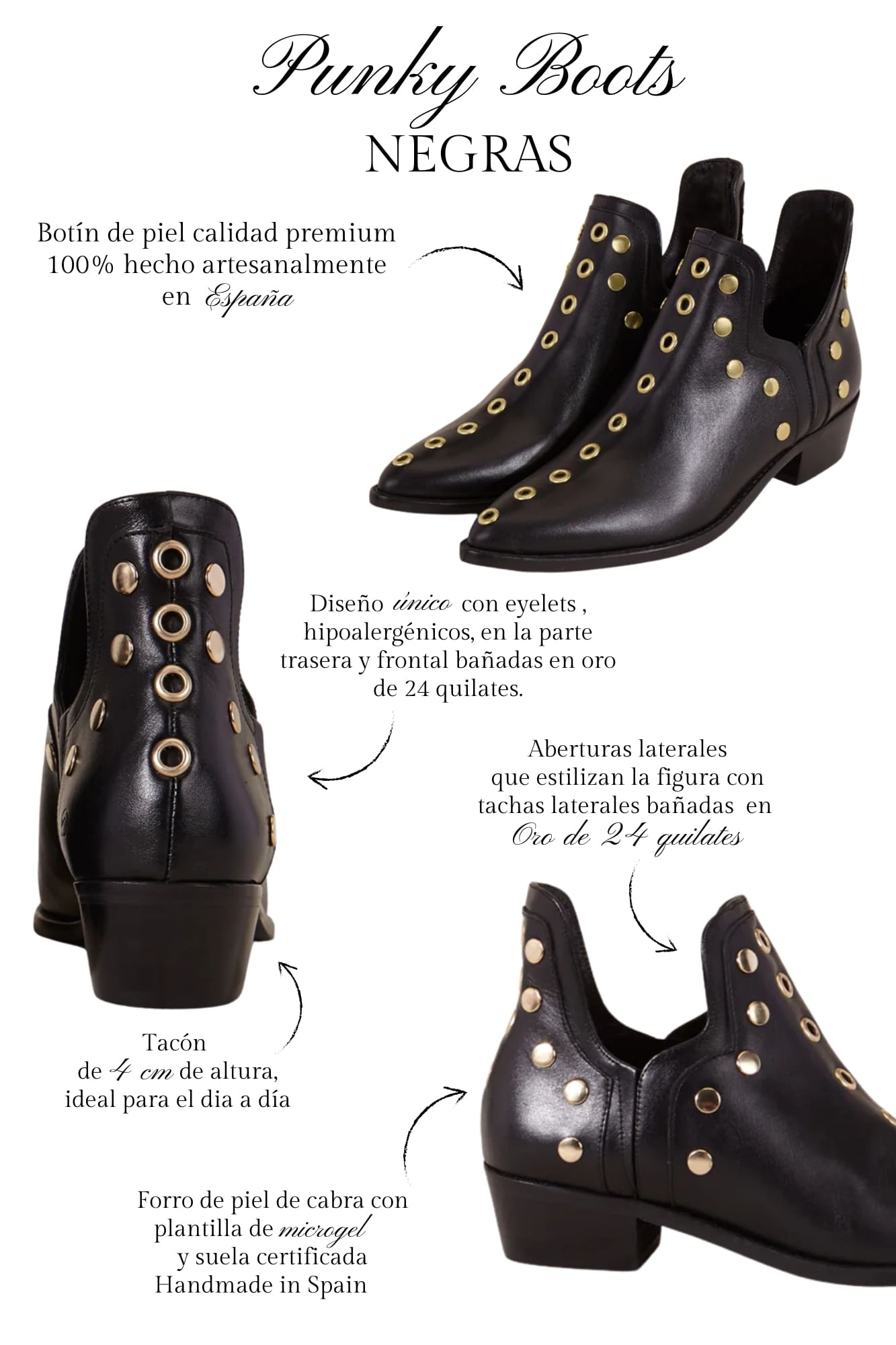 PUNKY BOOTS NEGRAS TACHAS ORO 4CM