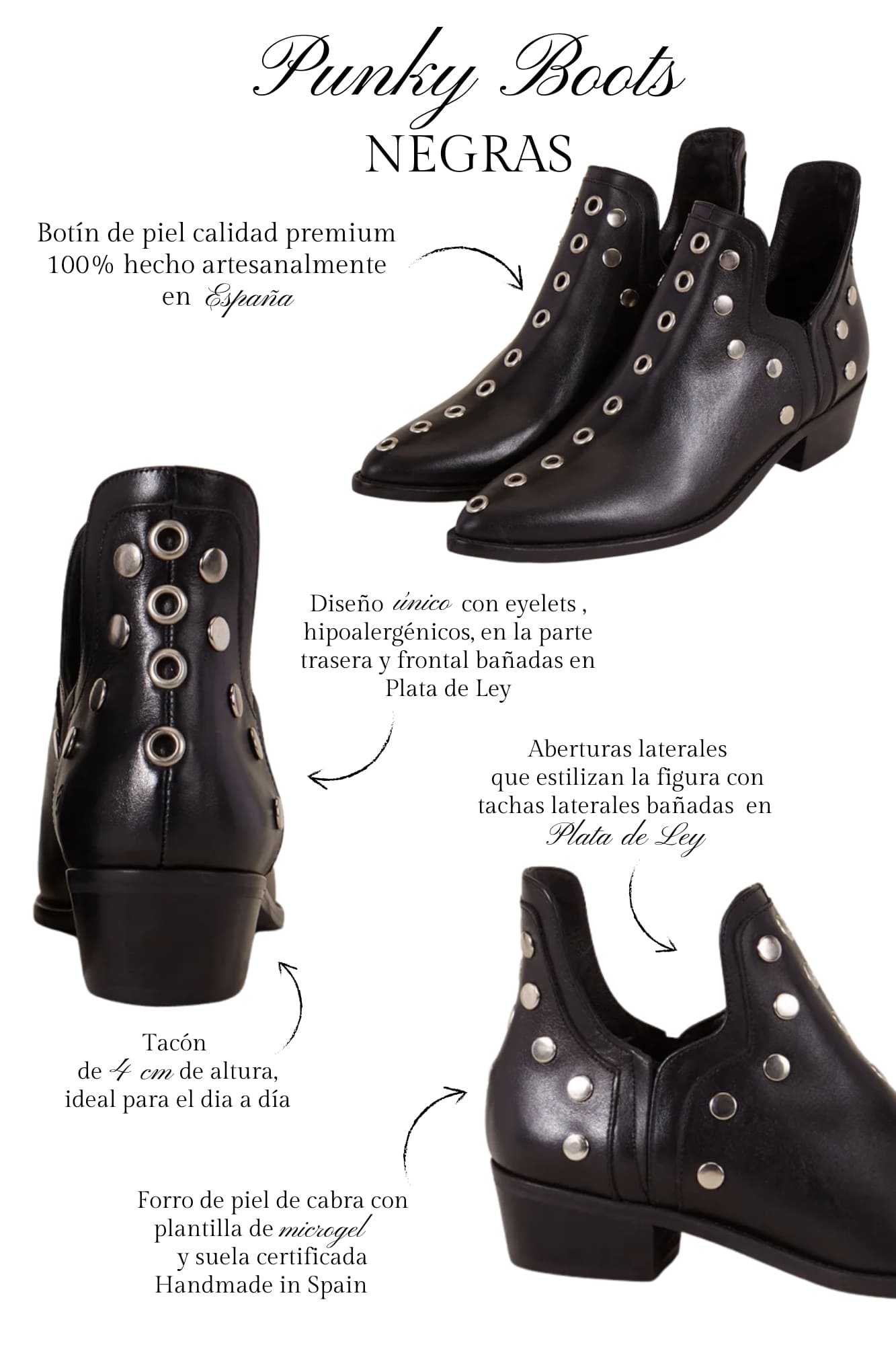PUNKY BOOTS NEGRAS TACHAS PLATA 4CM