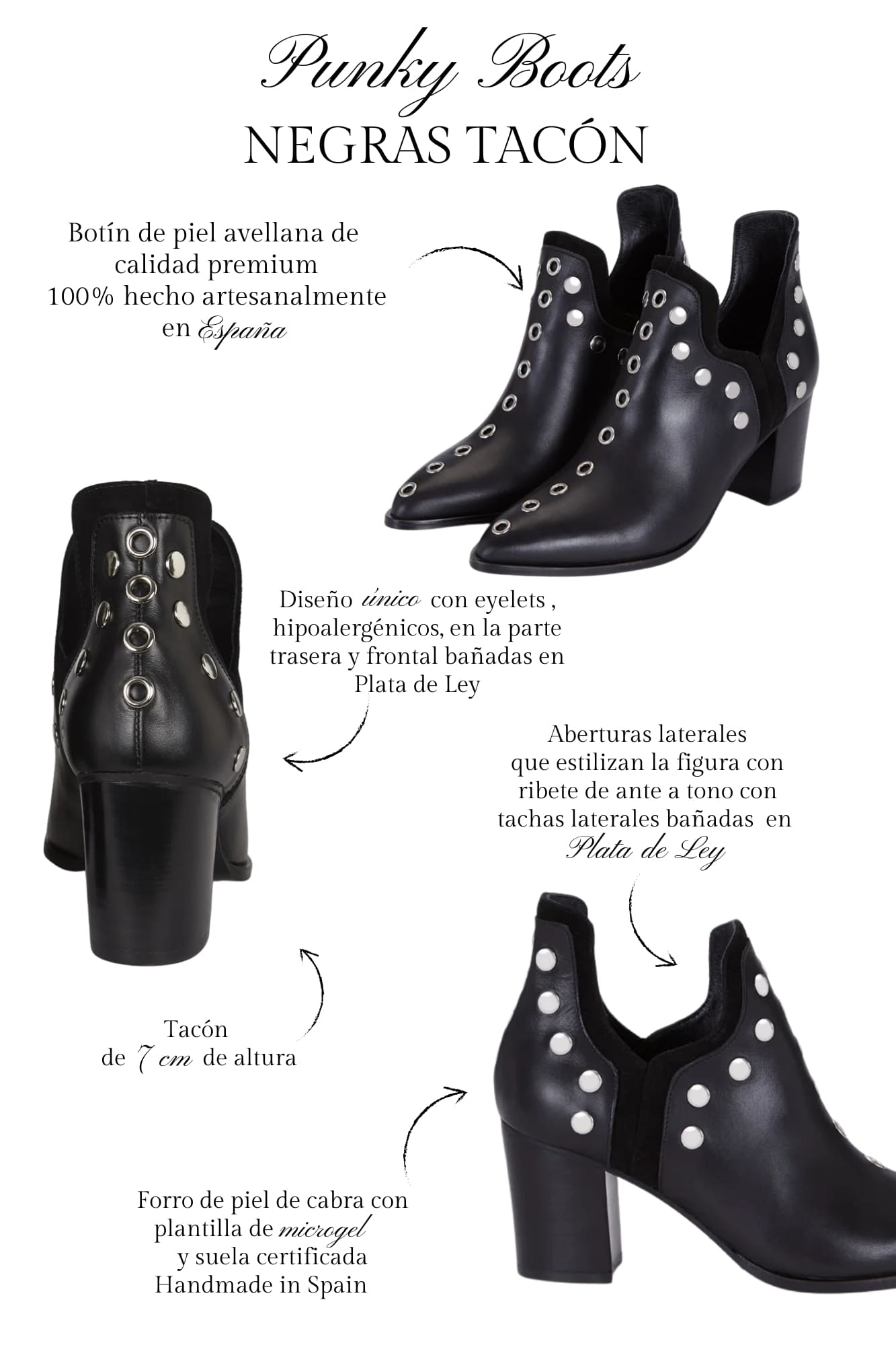 PUNKY BOOTS NEGRO TACHAS PLATA TACON 7CM