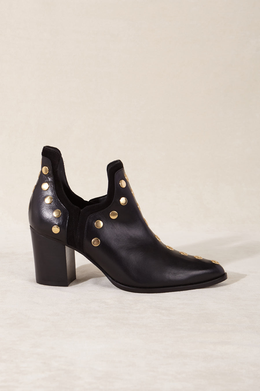 PUNKY BOOTS BLACK STUDDED GOLD HEEL 7CM