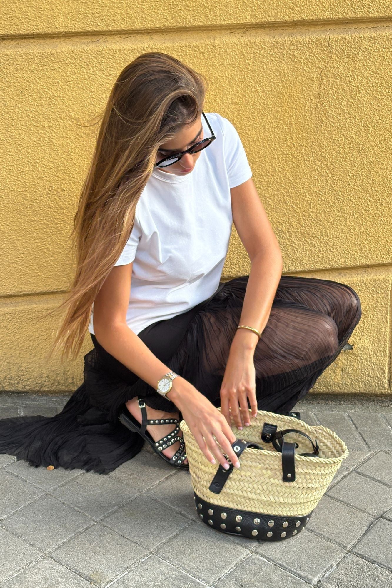 BLACK STUDDED PALM BUCKET BAG