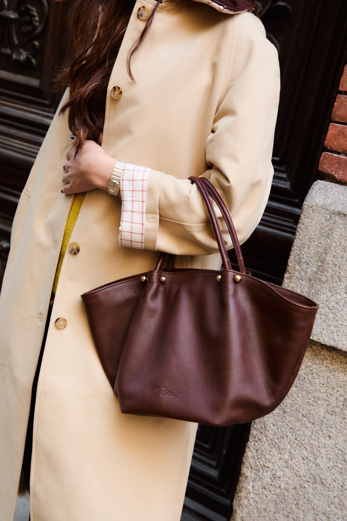 CAMEL TRENCH COAT WITH BRAIDED COLLAR