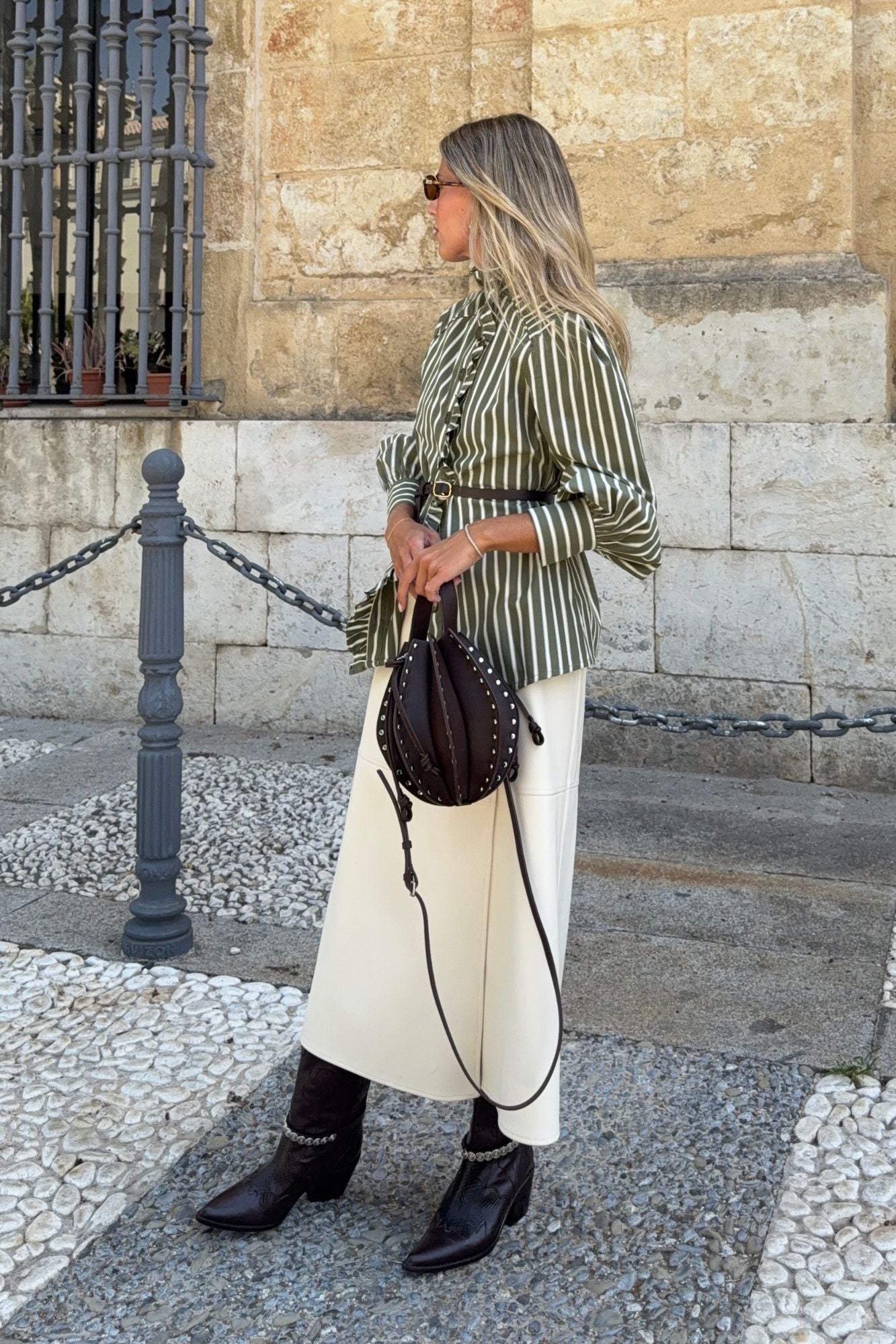 GREEN STRIPED RUFFLE SHIRT