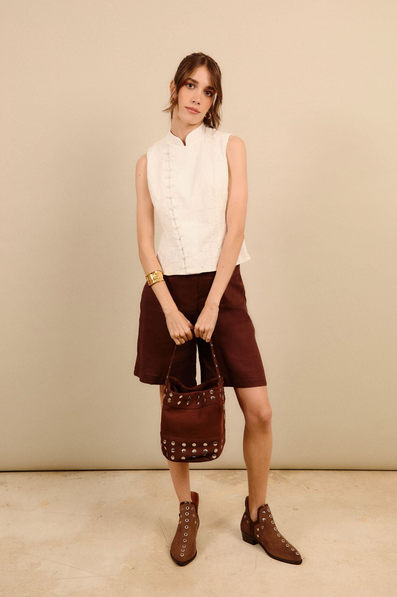 STUDDED SUEDE MINI BUCKET BAG