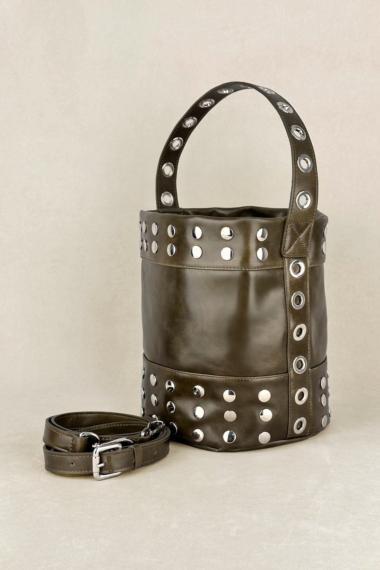KHAKI STUDDED MINI BUCKET BAG