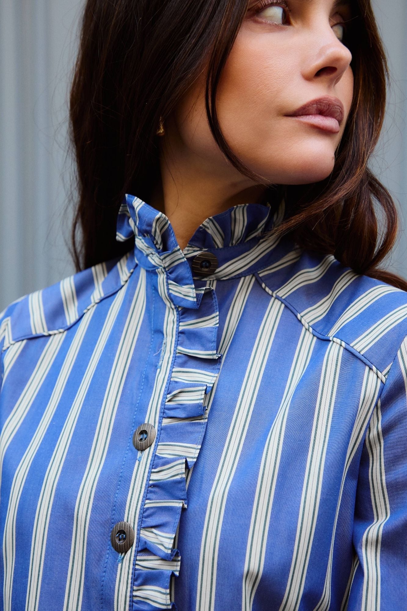 BLUE STRIPED RUFFLED SHIRT