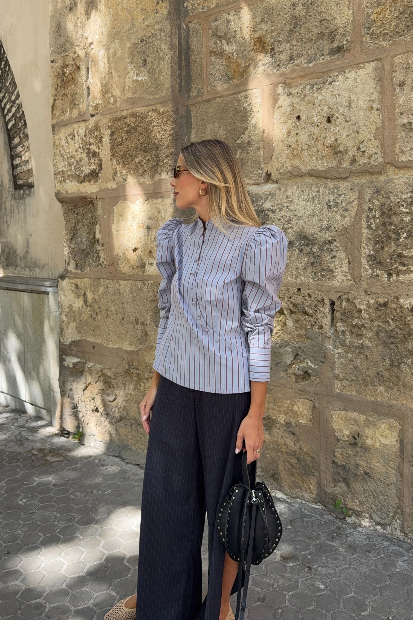 BLUE STRIPED CROSS BUTTONS SHIRT