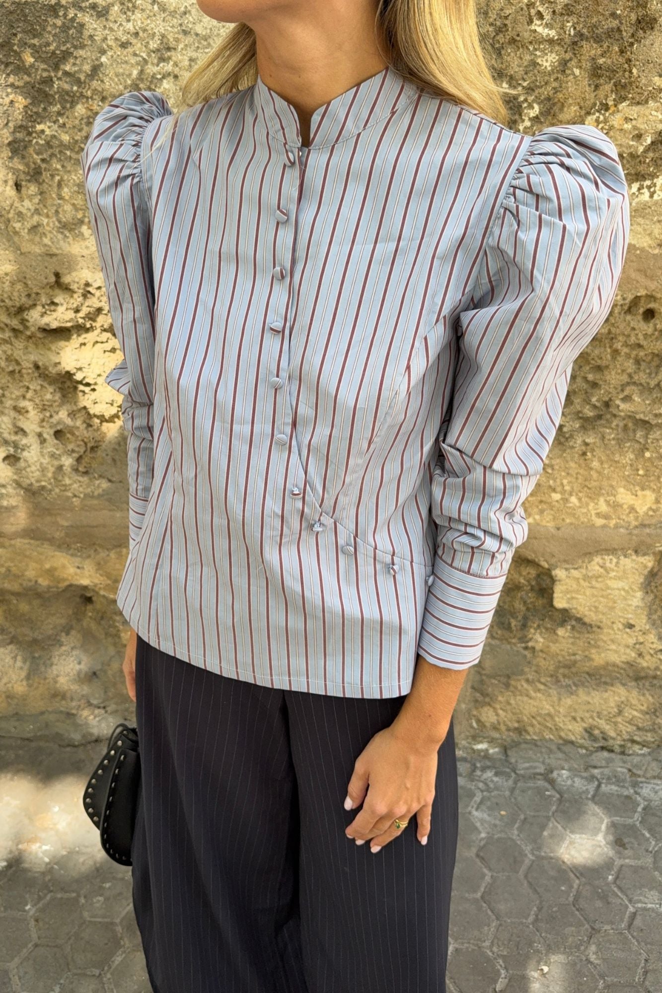 BLUE STRIPED CROSS BUTTONS SHIRT