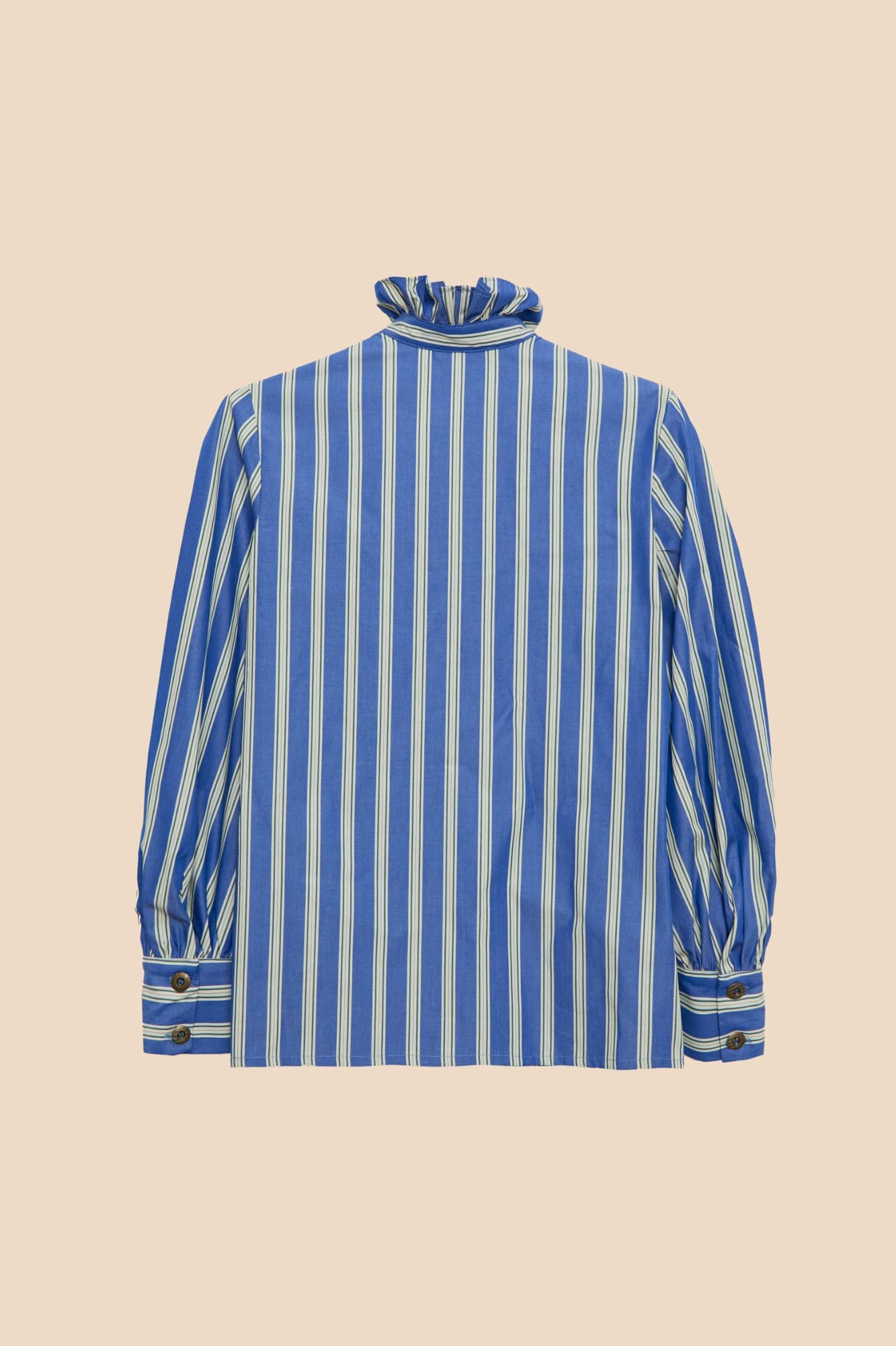 CHEMISE À RAYURES BLEUES À VOLANTS