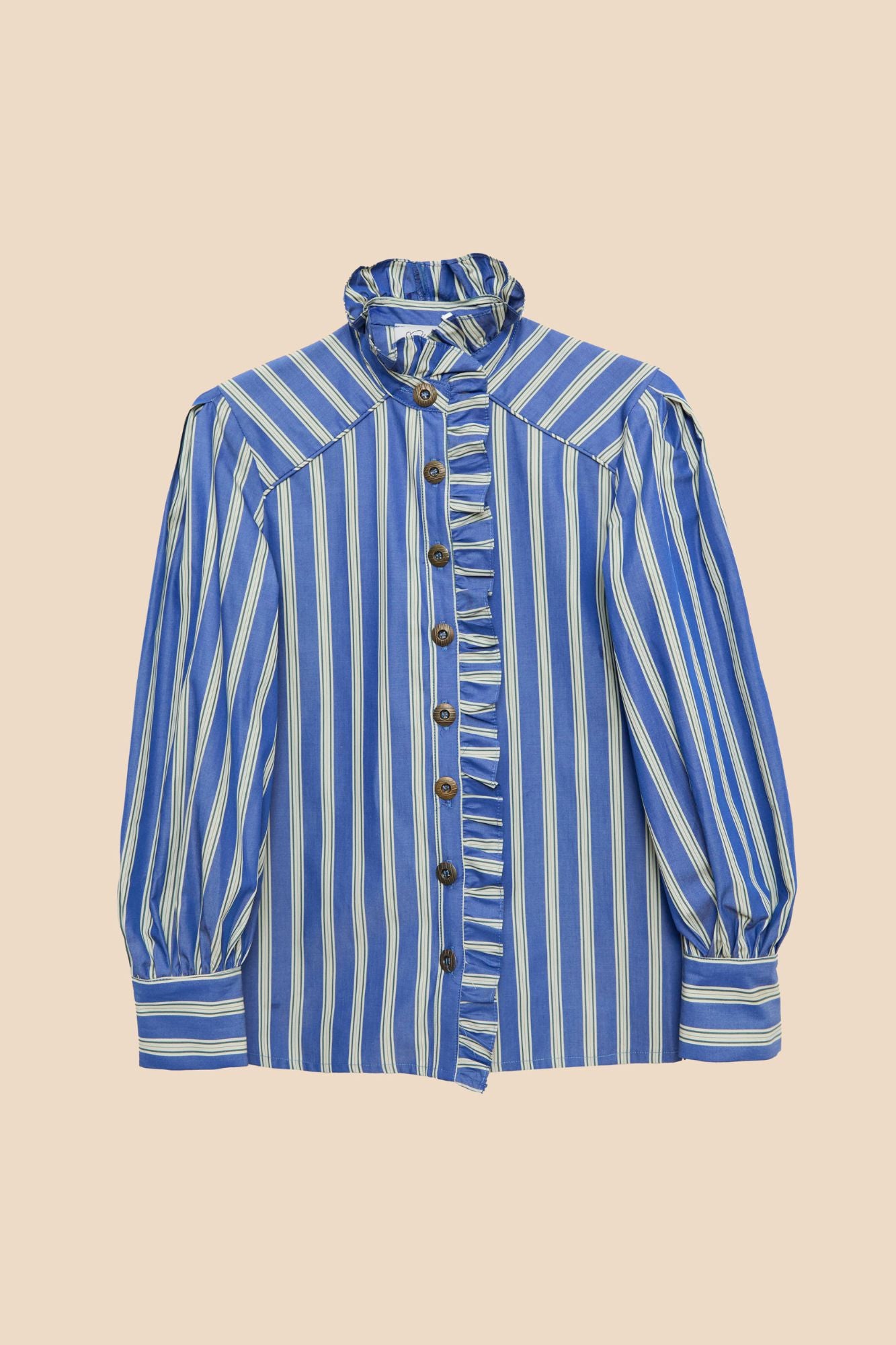 CHEMISE À RAYURES BLEUES À VOLANTS