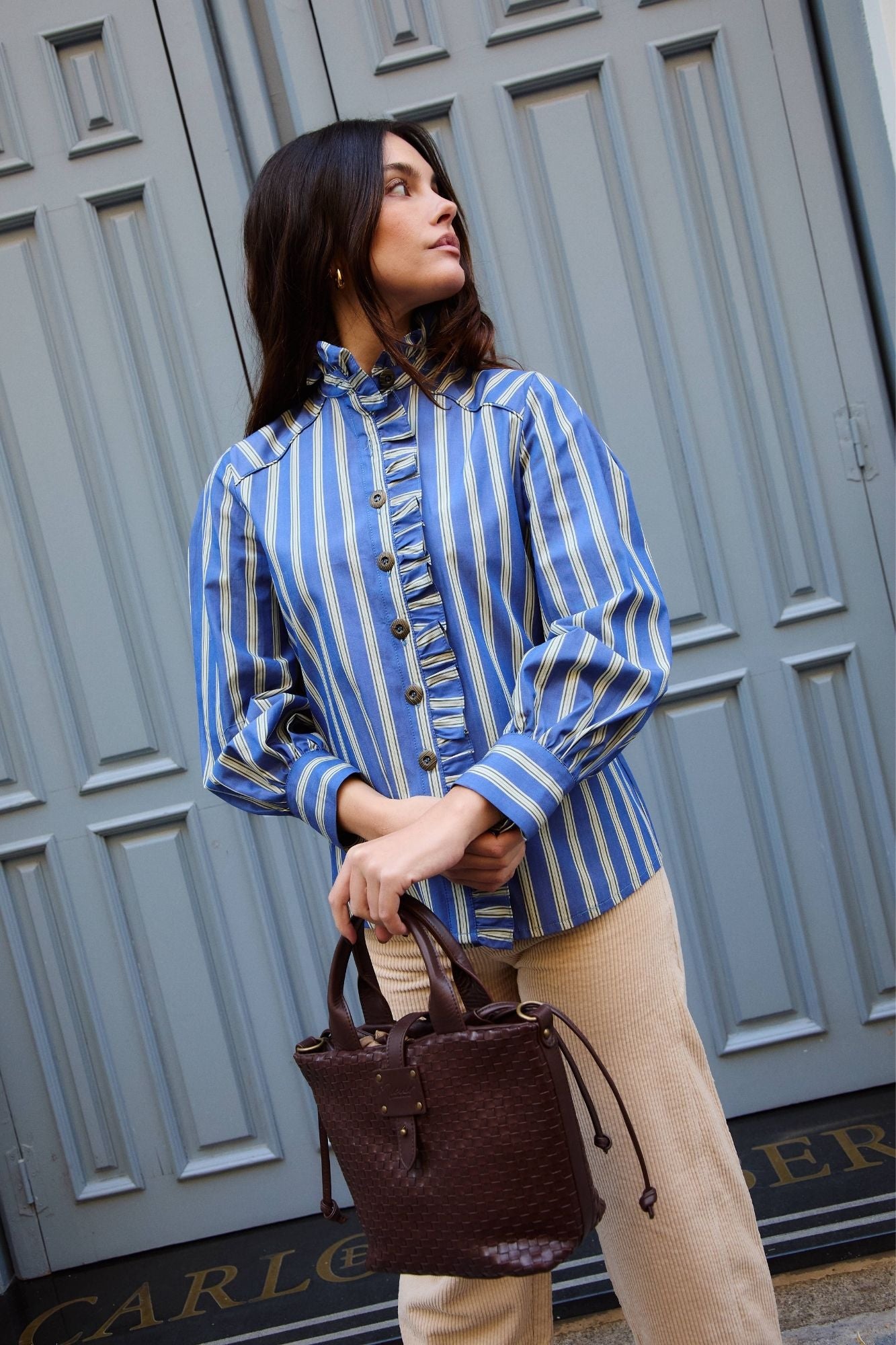 CAMISA VOLANTE RAYAS AZUL