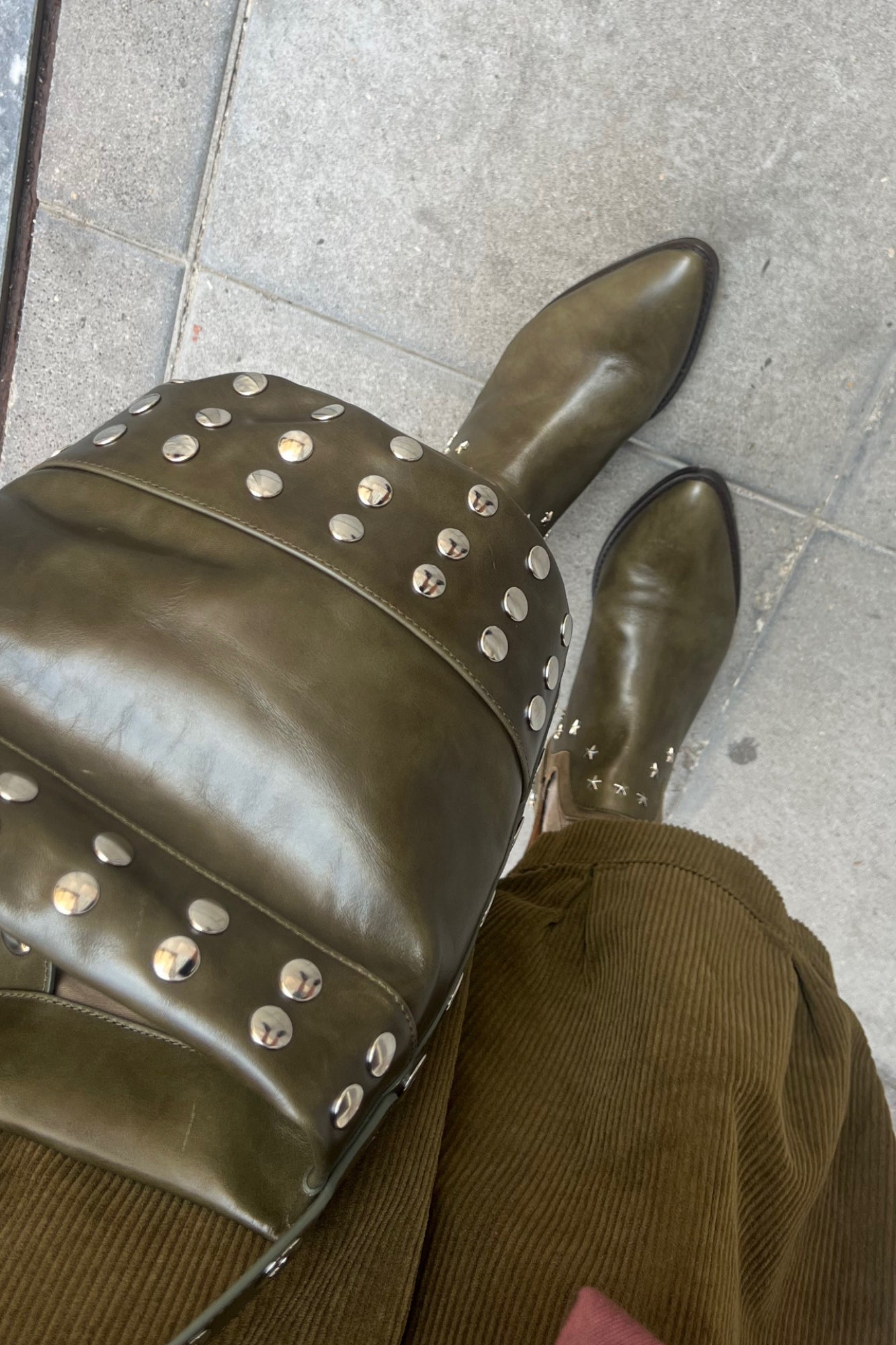 KHAKI STUDDED MINI BUCKET BAG