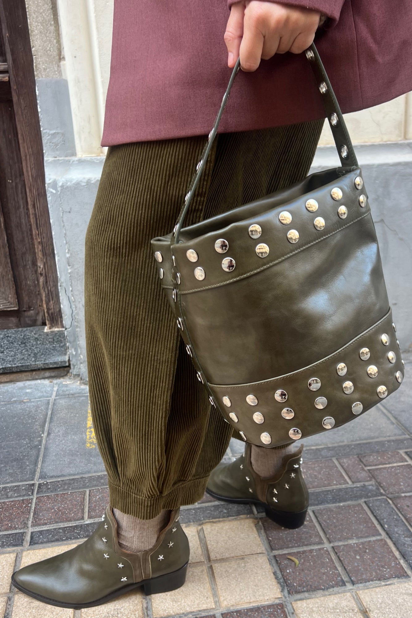 KHAKI STUDDED MINI BUCKET BAG