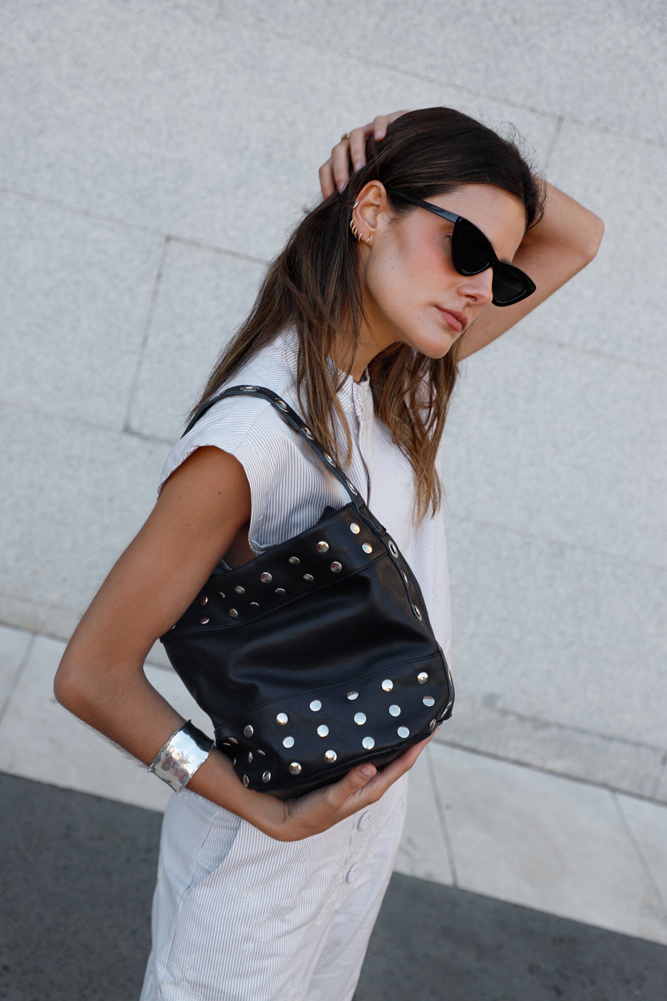 SMALL BLACK STUDDED BUCKET BAG