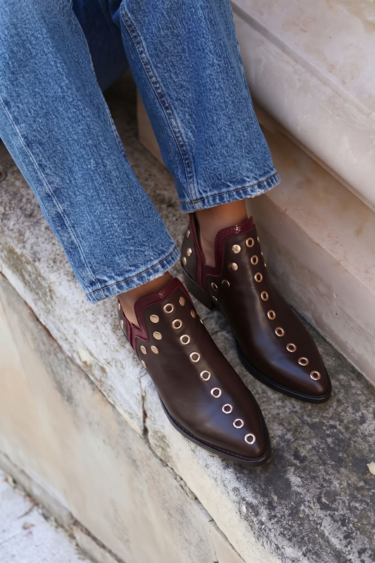PUNKY BOOTS CHOCOLATE TACHAS ORO RIBETE TEJUS BURDEOS 4CM