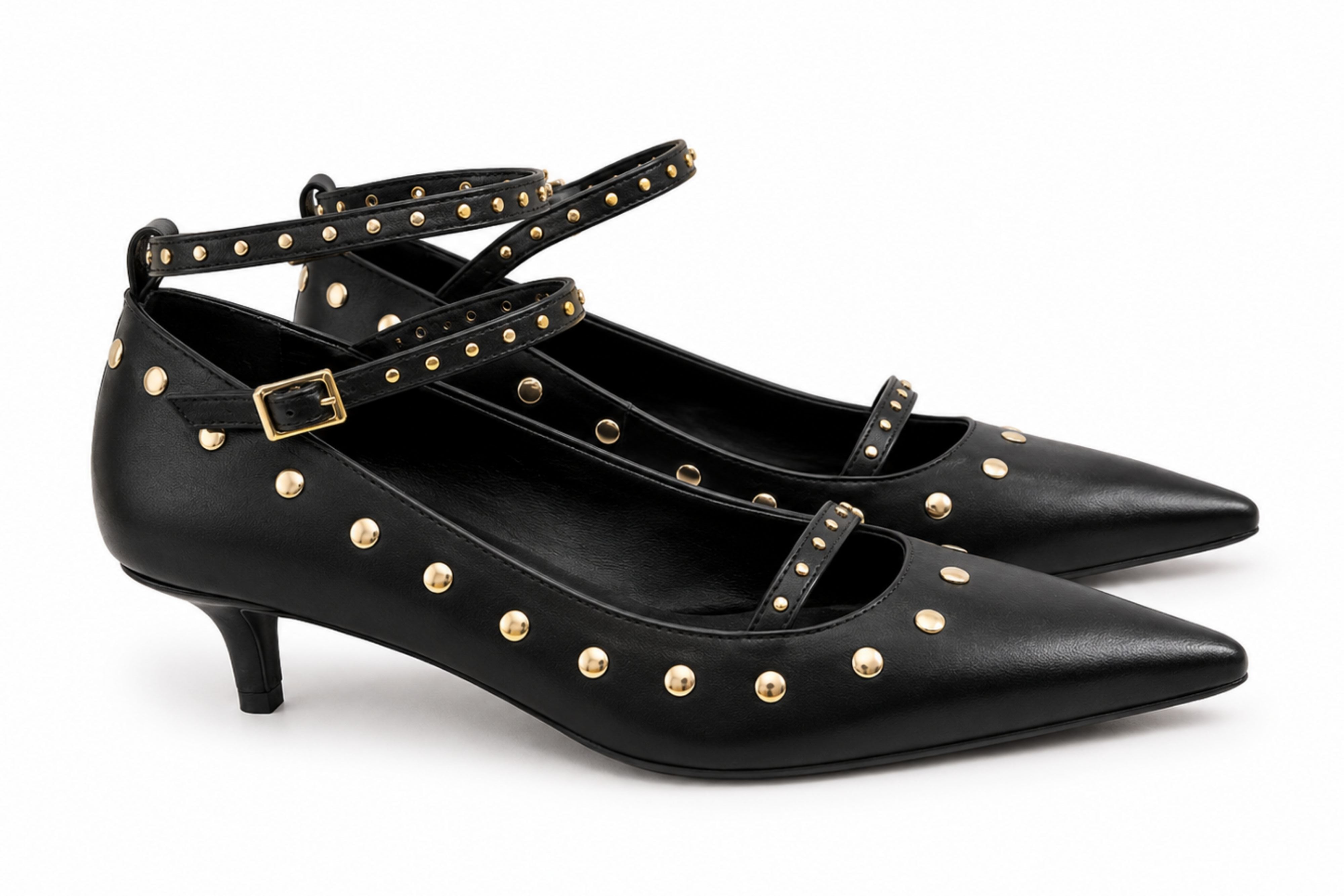 TACÓN KITTEN DESTALONADO NEGRO TACHAS ORO SS