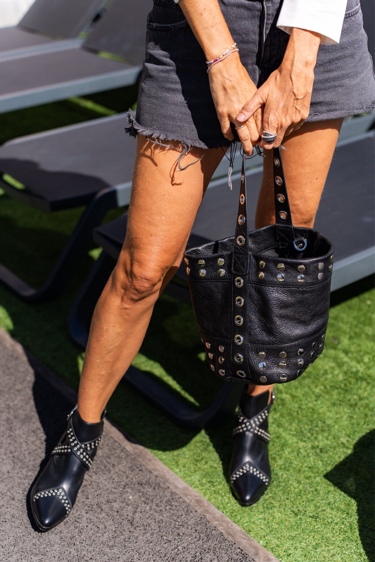 MINI BLACK STUDDED BUCKET BAG
