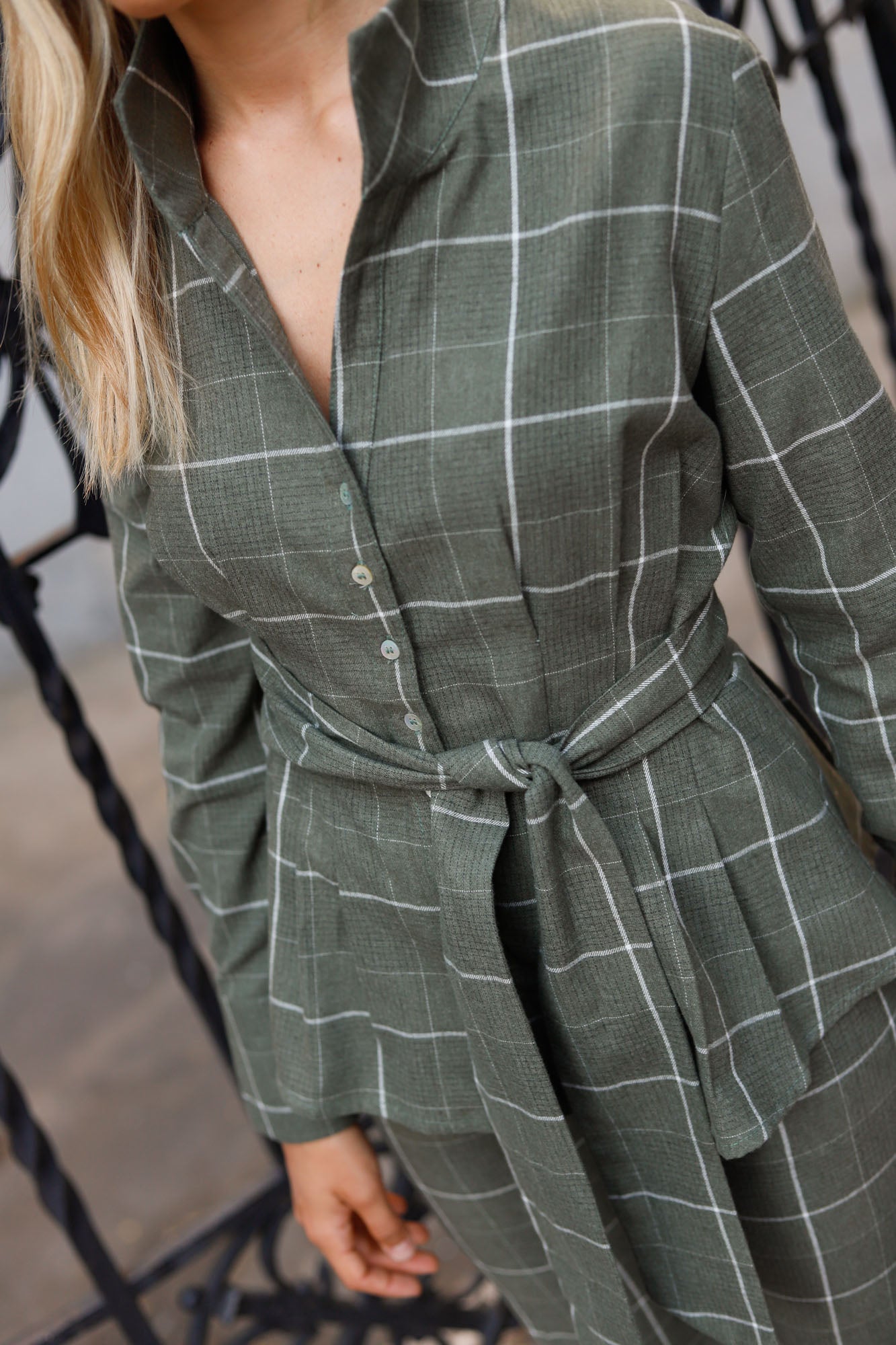 GREEN PLEATED CHECKERED SHIRT