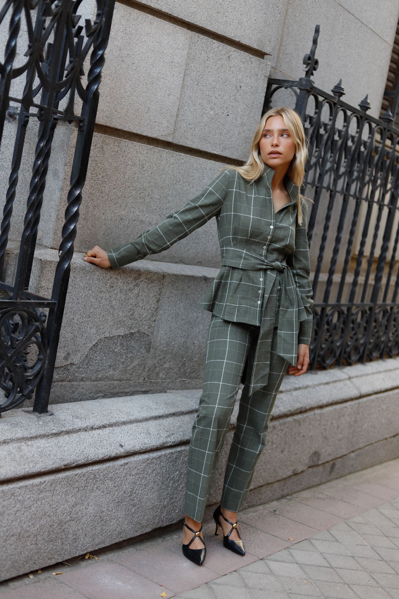 GREEN PLEATED CHECKERED SHIRT