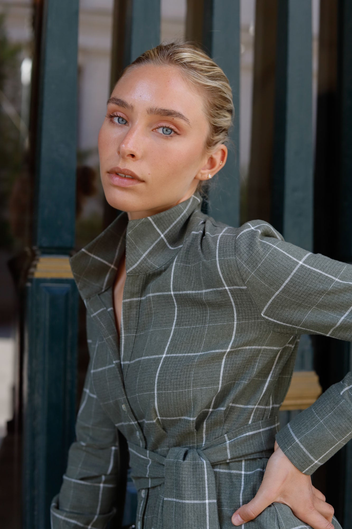 GREEN PLEATED CHECKERED SHIRT
