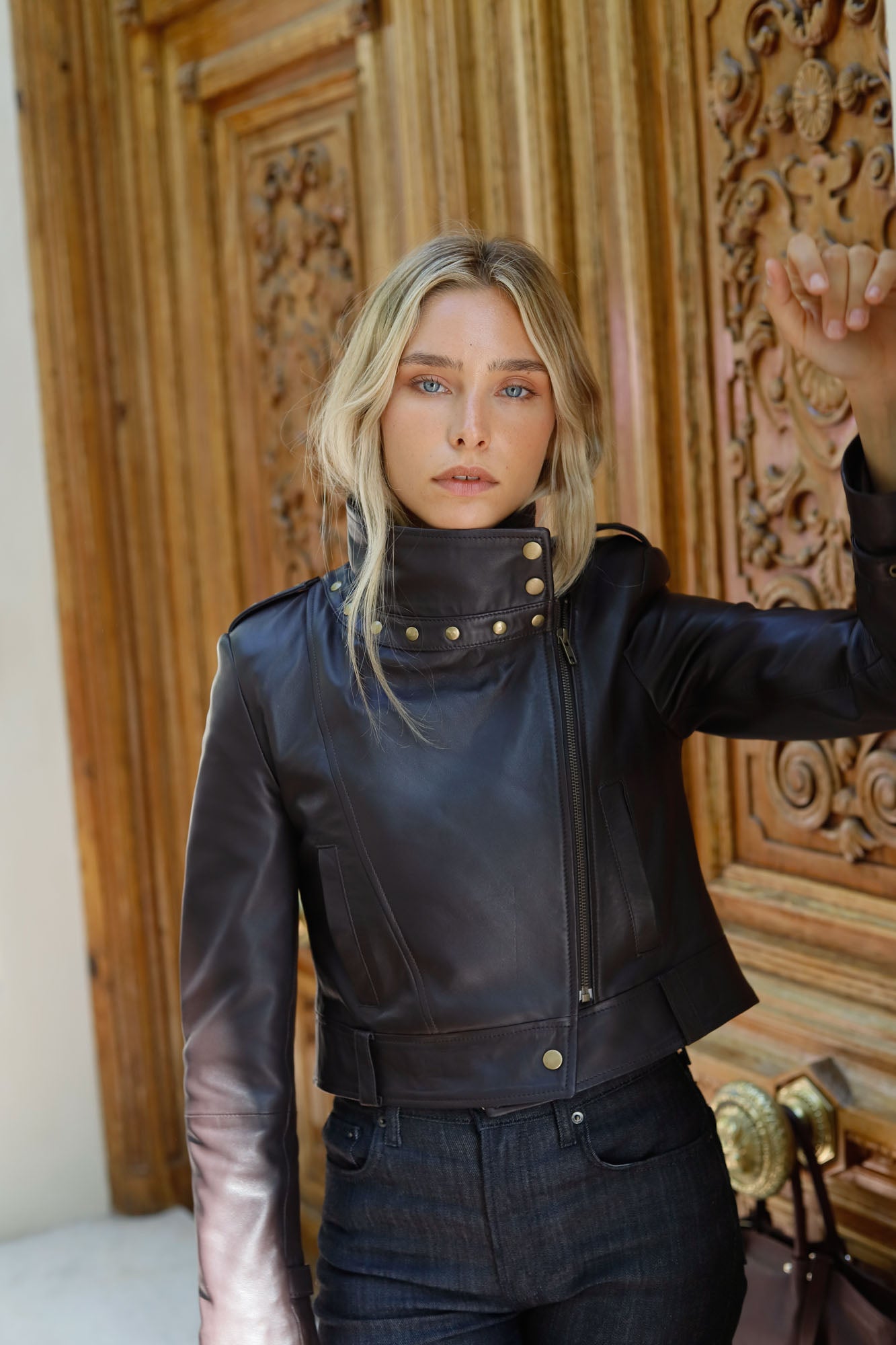 CHOCOLATE STUDDED BIKER JACKET
