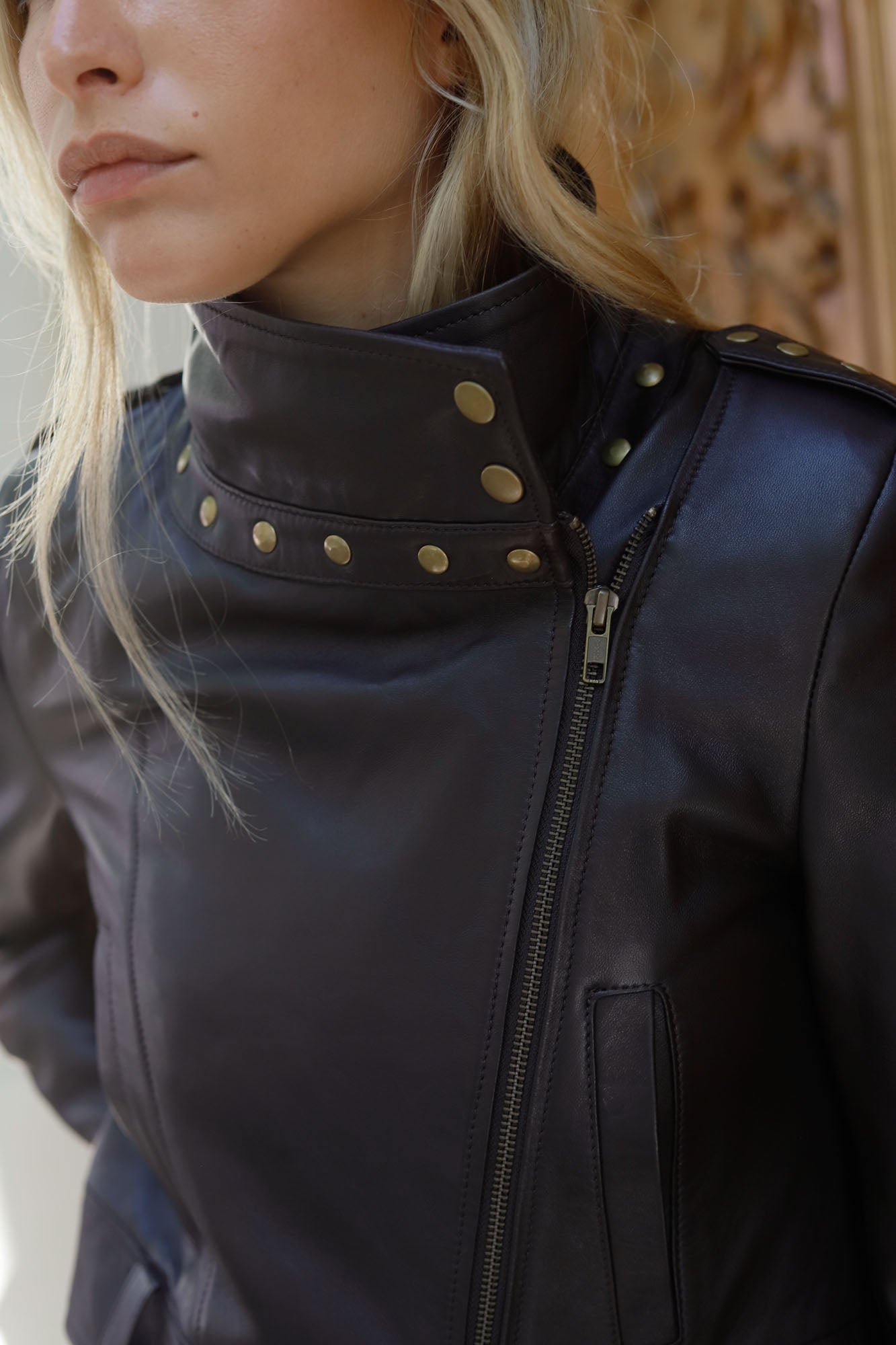 CHOCOLATE STUDDED BIKER JACKET