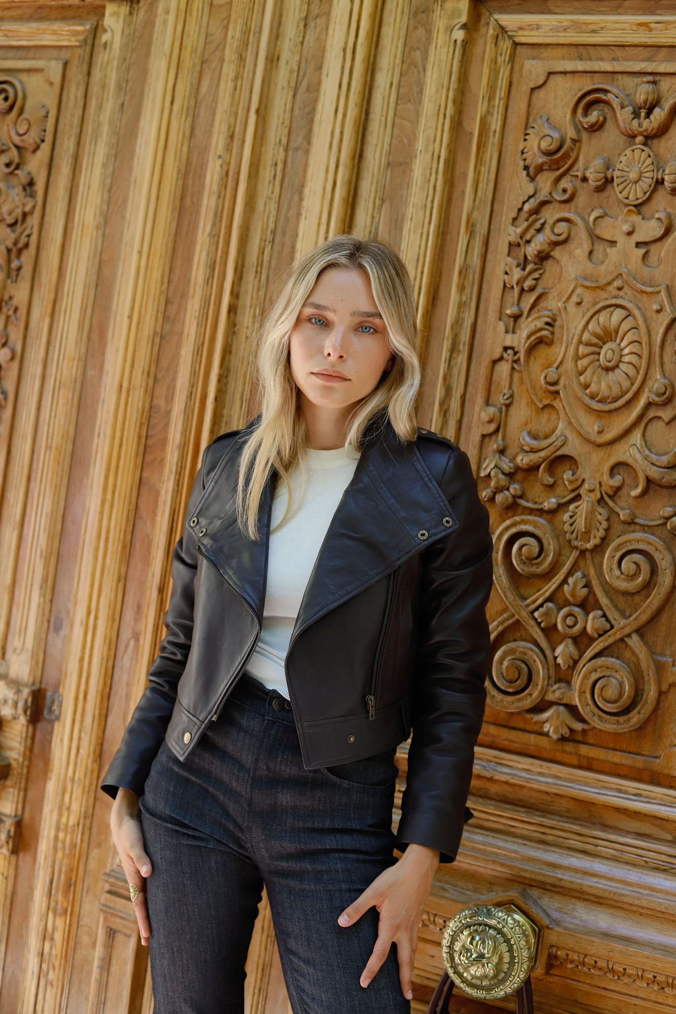 CHOCOLATE STUDDED BIKER JACKET
