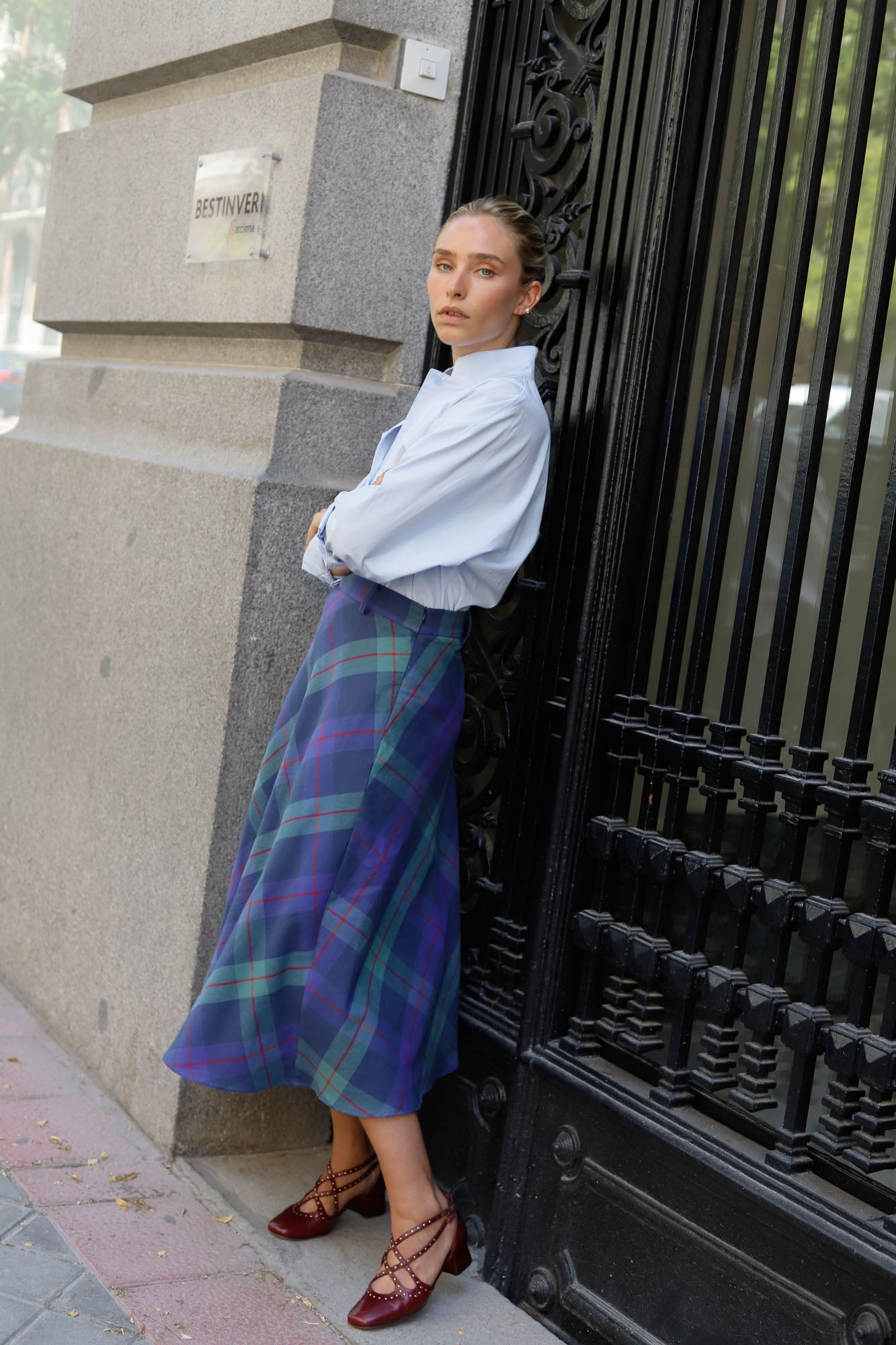 BLUE PLAID CAPE SKIRT