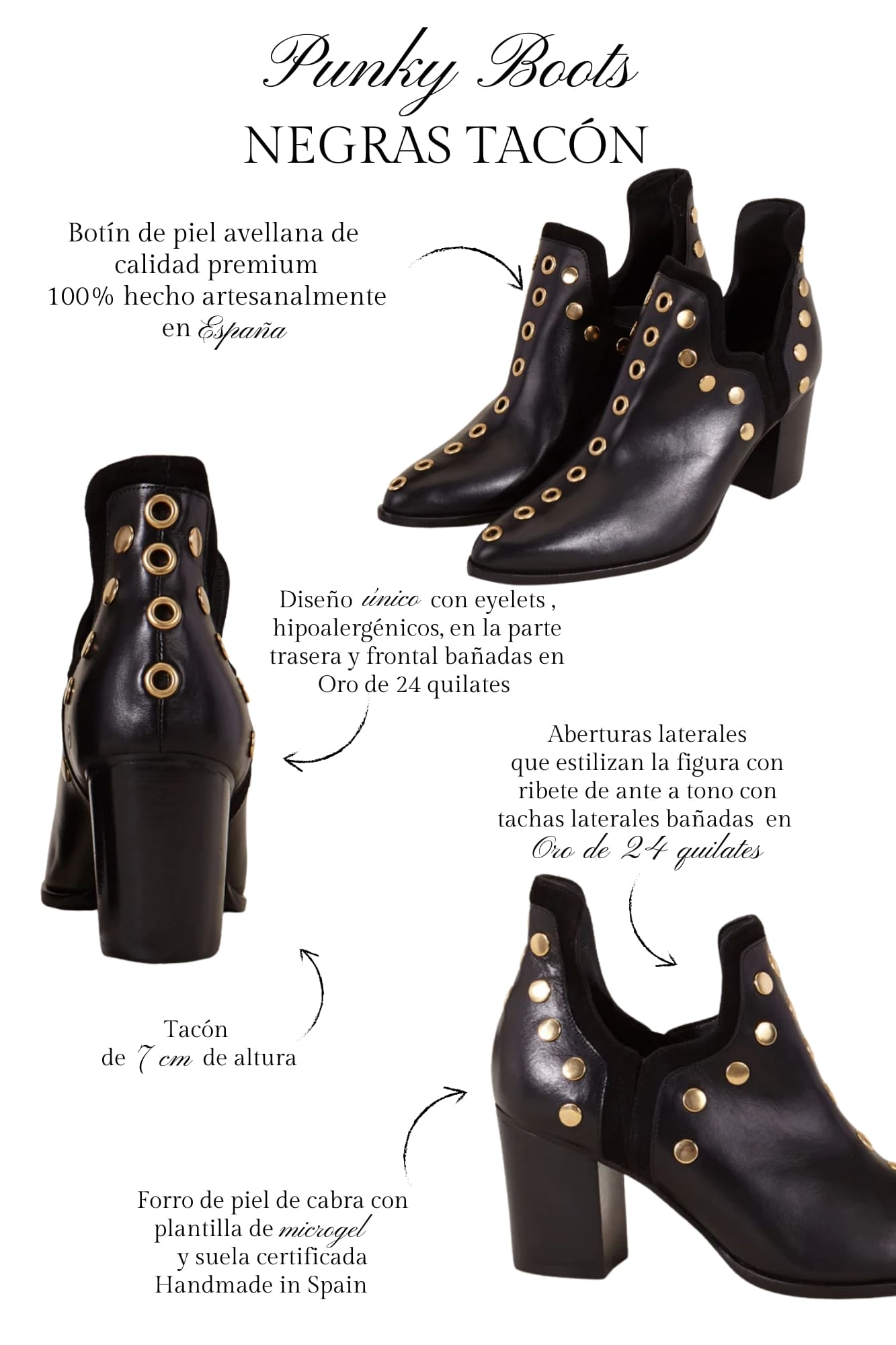 PUNKY BOOTS BLACK STUDDED GOLD HEEL 7CM