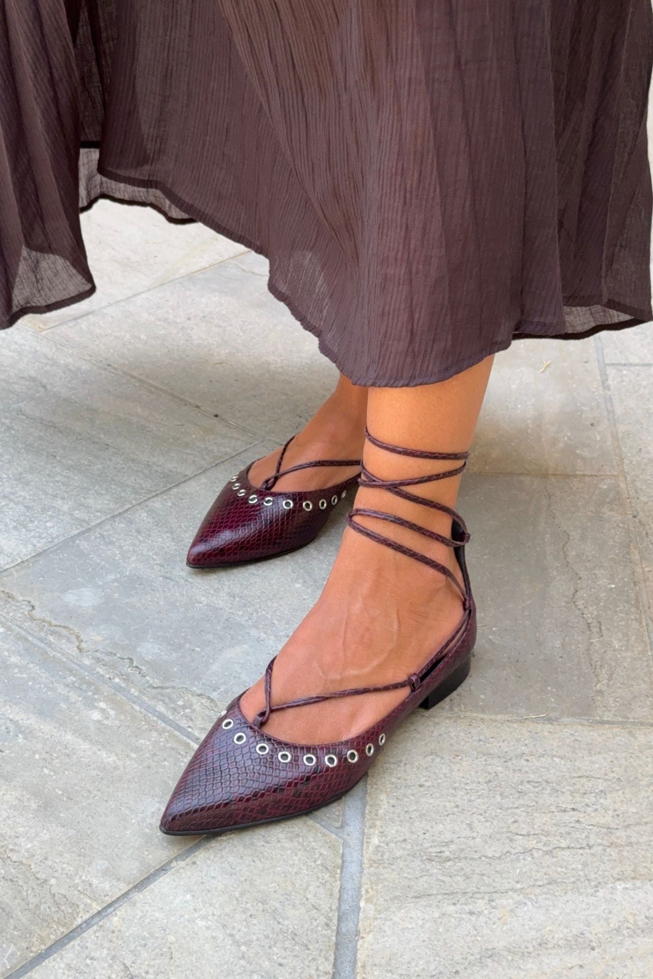BURGUNDY LACE UP BALLERINA SNAKE 1CM