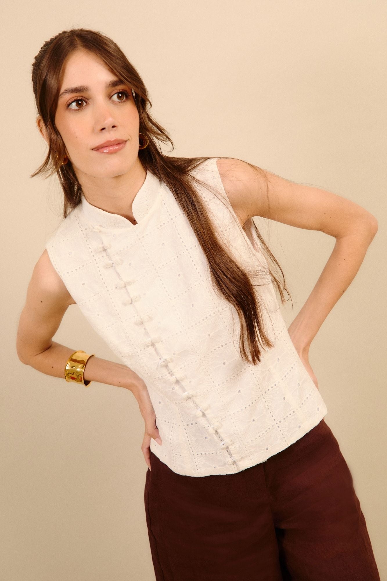 Top blanco estilo japonés de algodón 