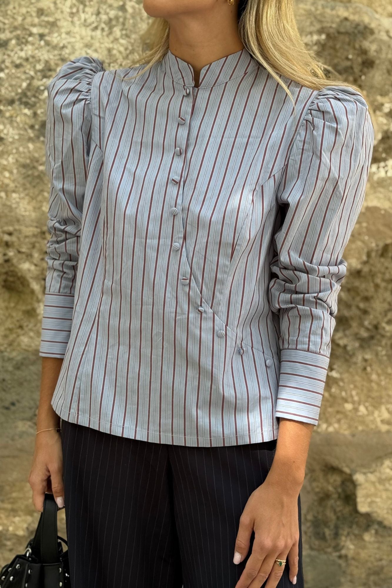 BLUE STRIPED CROSS BUTTONS SHIRT