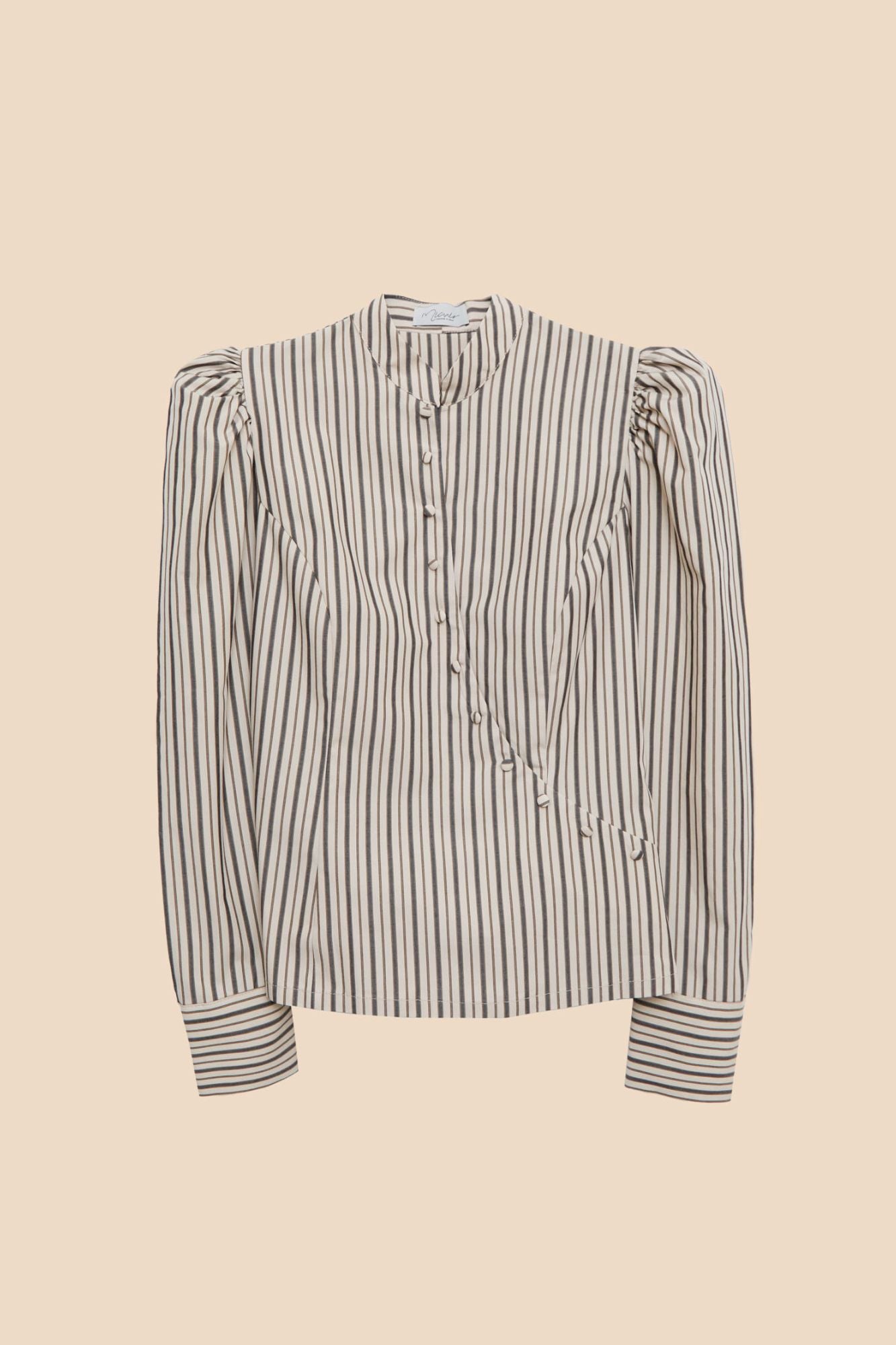CAMISA BOTONES CRUZADOS RAYAS BEIGE