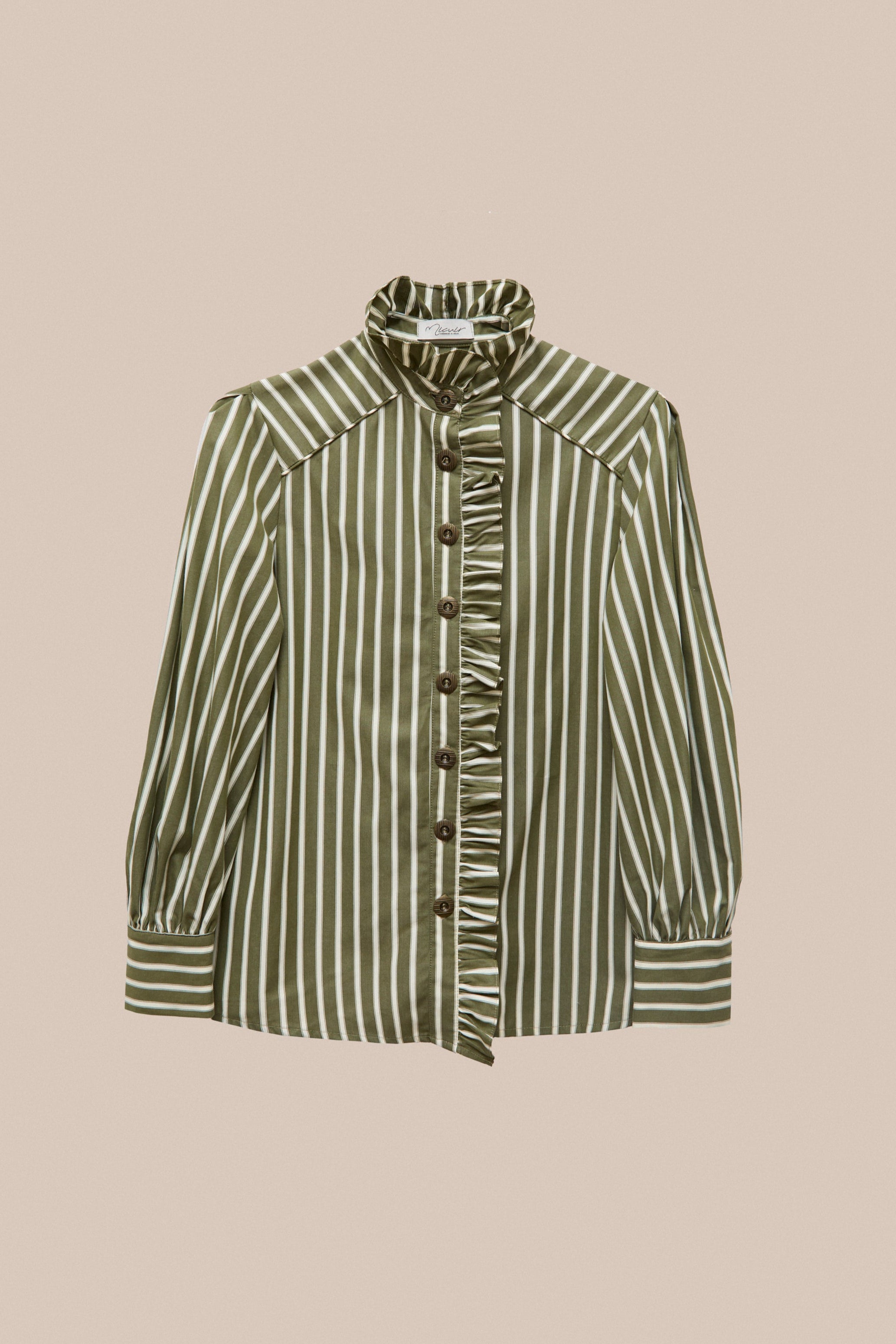 GREEN STRIPED RUFFLE SHIRT