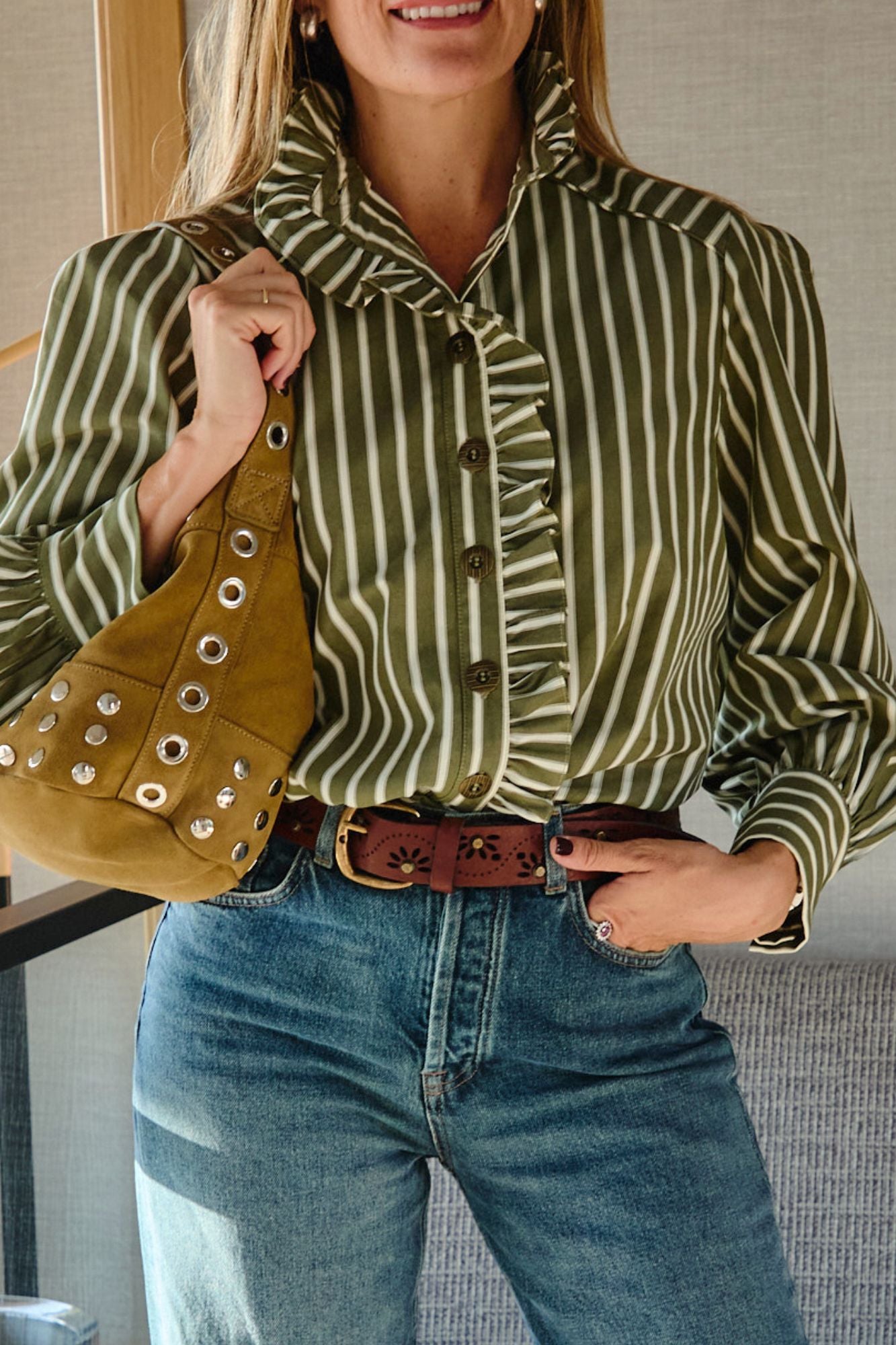 GREEN STRIPED RUFFLE SHIRT